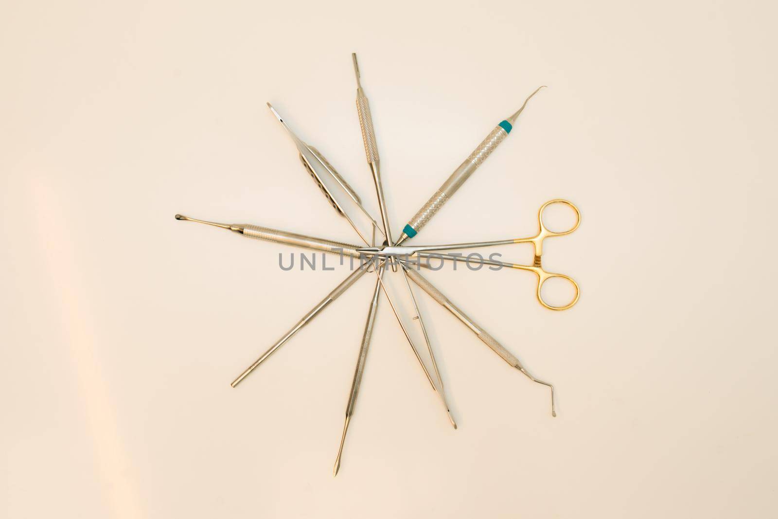 Dentist orthopedist tools. Dental implantation surgical set. Surgical kit of instruments used in dental implantology.