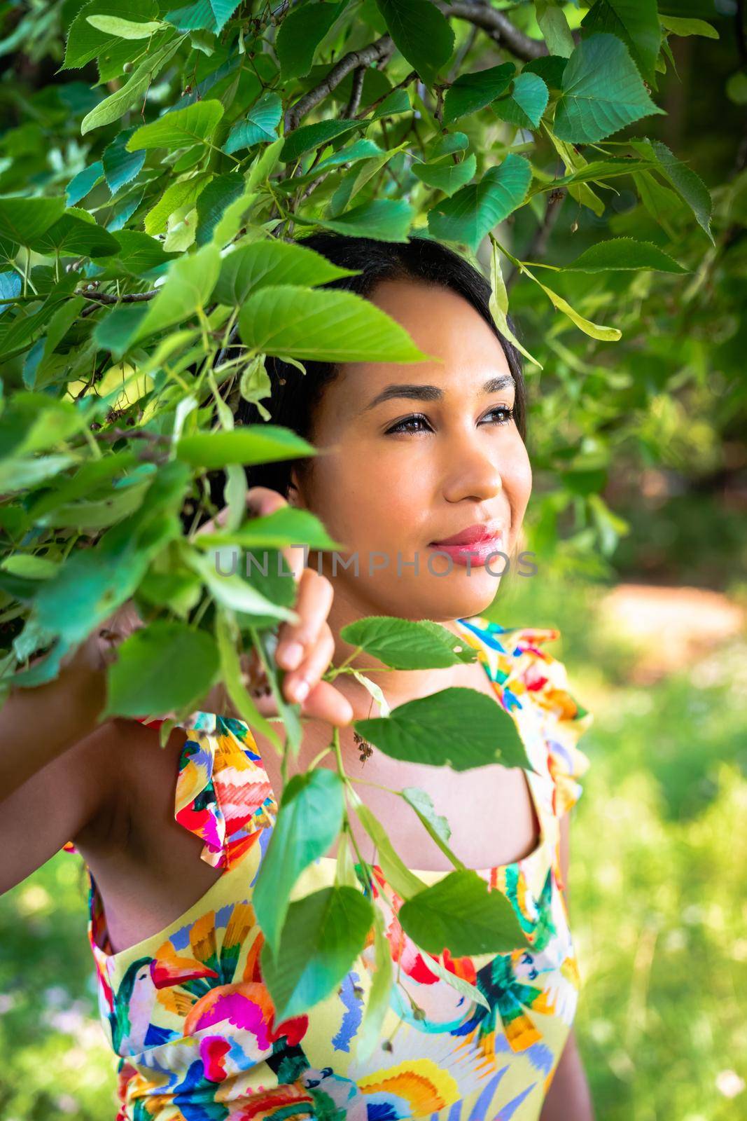 A beautiful mixed race African American woman in yellow floral dress standing in the forest on a sunny summer day parts a tree branch covered in leaves with her hand. by lapse_life