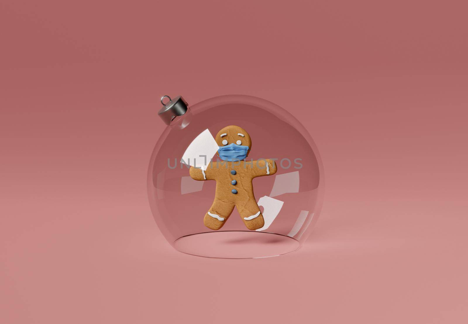 gingerbread man with face mask inside a christmas ball. christmas confinement concept. 3d rendering