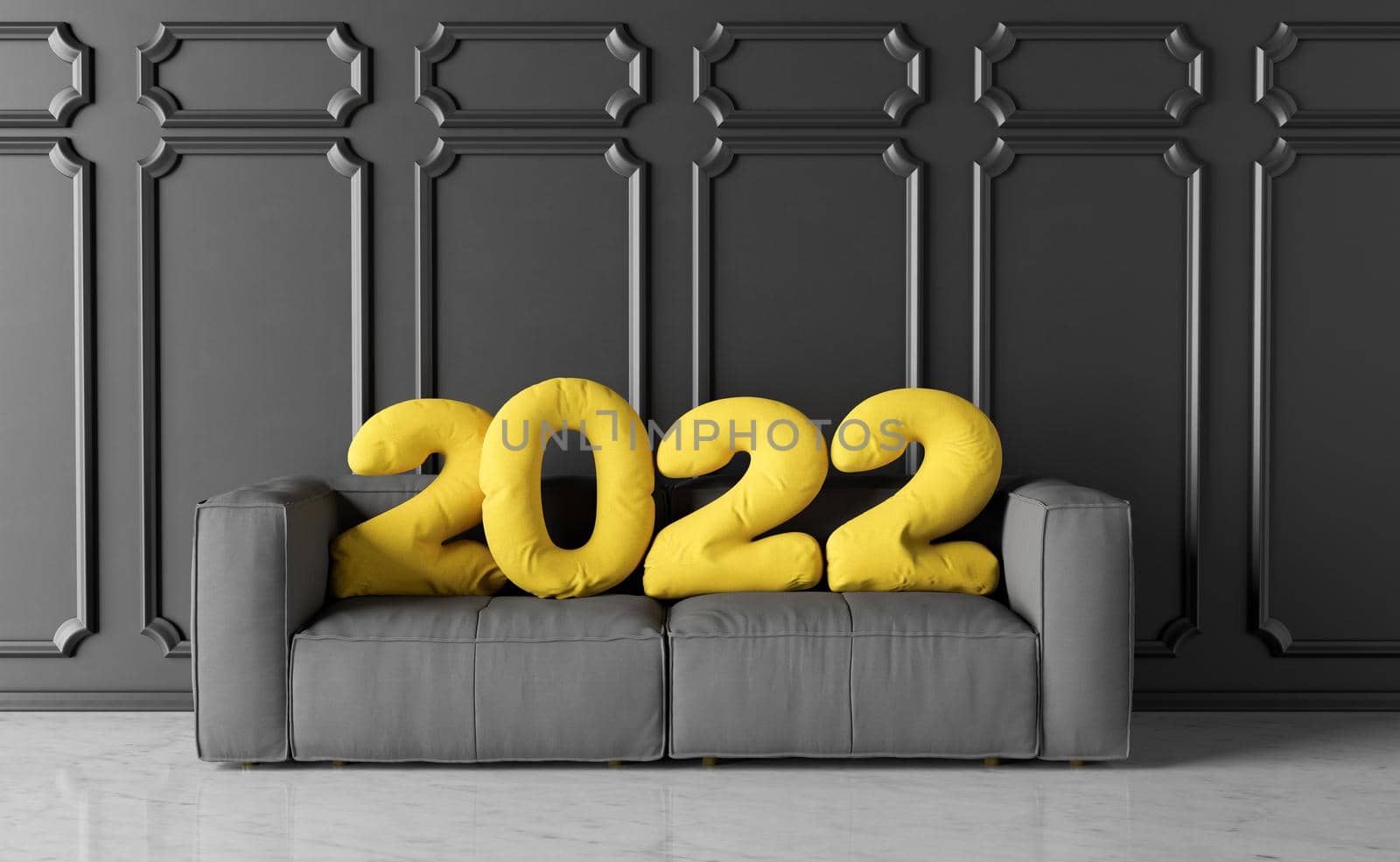 gray sofa with yellow cushions in the shape of the number 2022. new year concept at home and comfort. 3d rendering