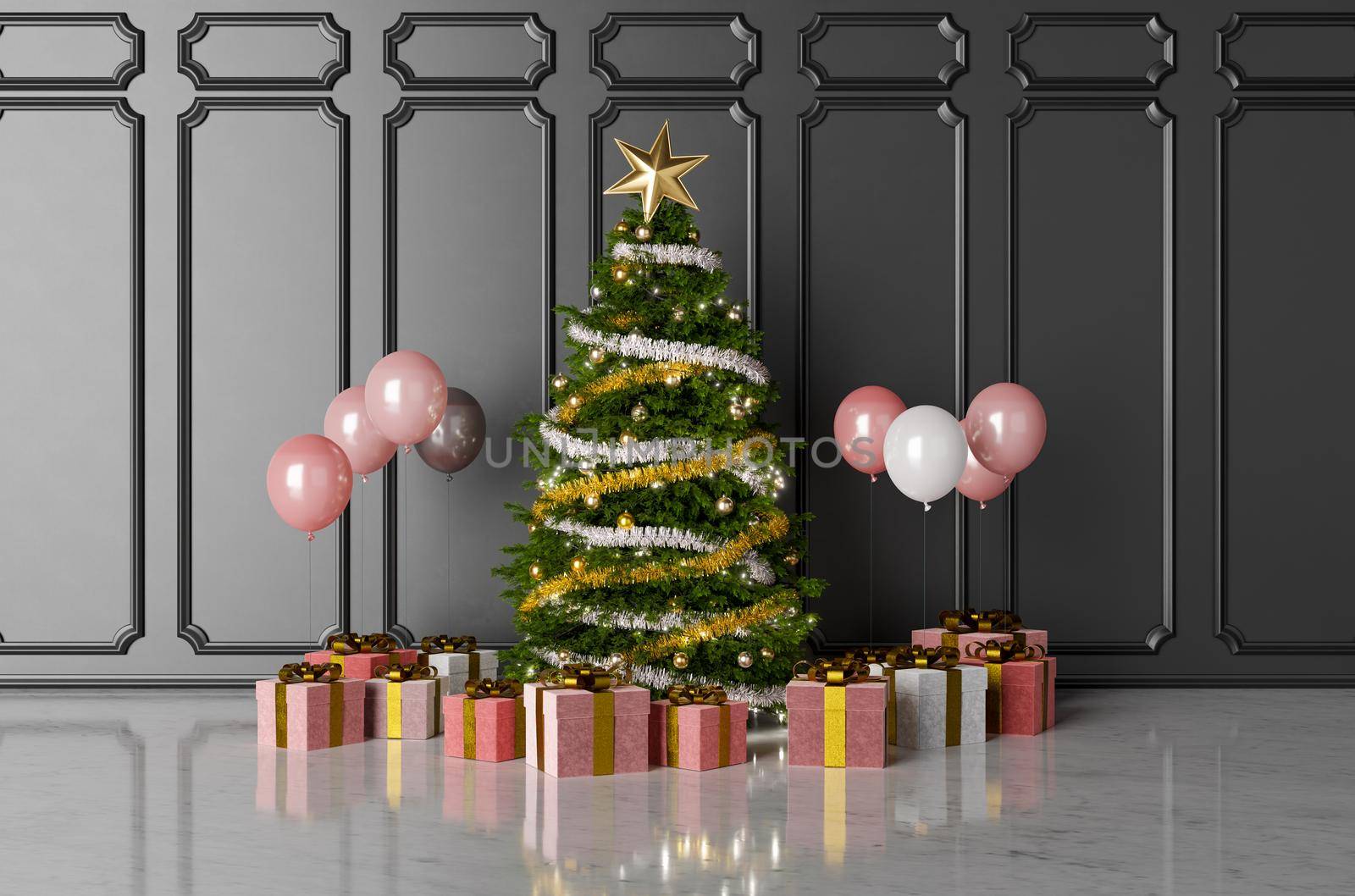 Christmas tree decorated with garlands and gifts around it with balloons. 3d rendering