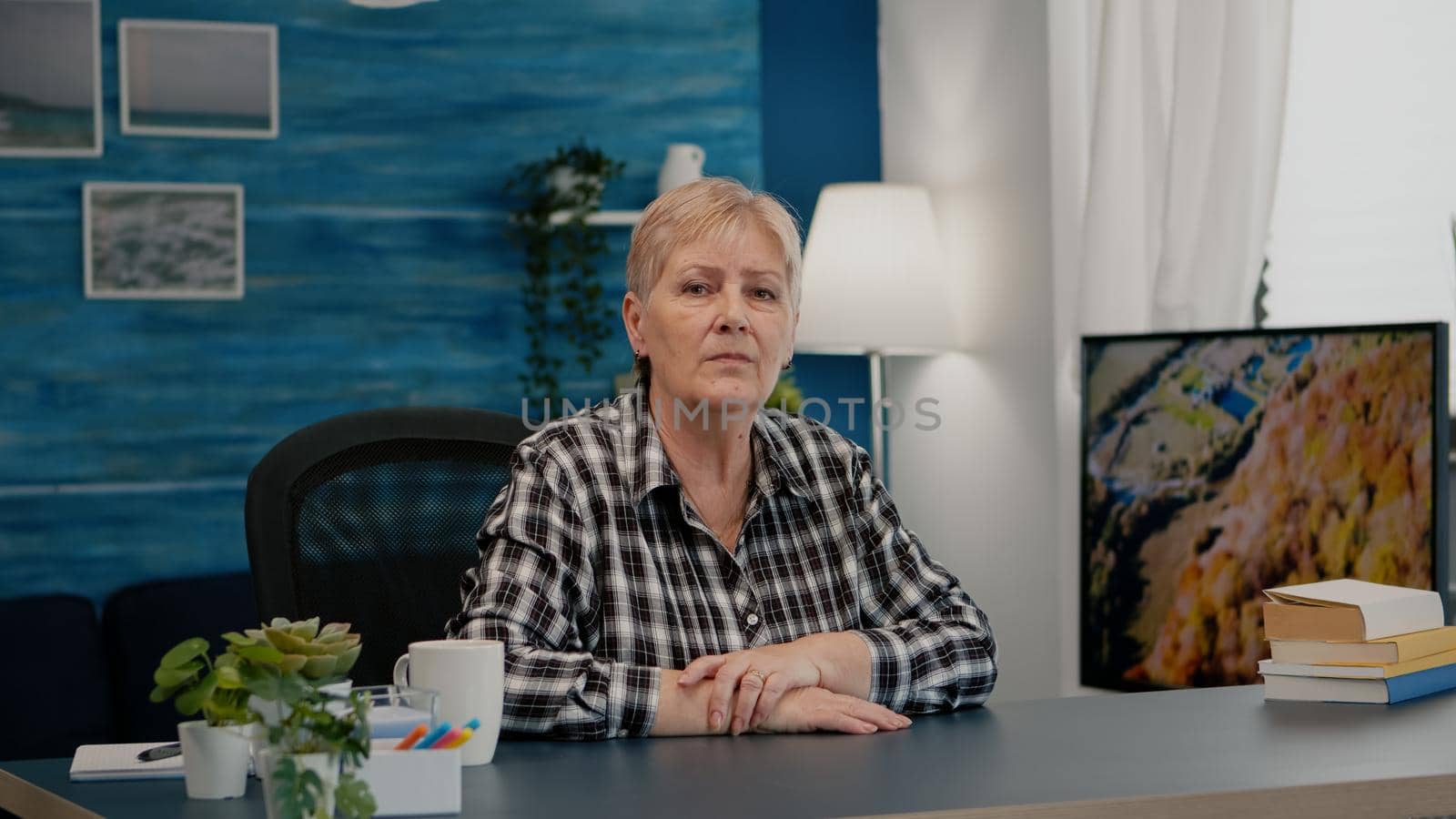 Portrait of senior woman talking and listening remote colleagues during video call, online conference, working from home. Person using online chat technology webcam making virtual meeting connection