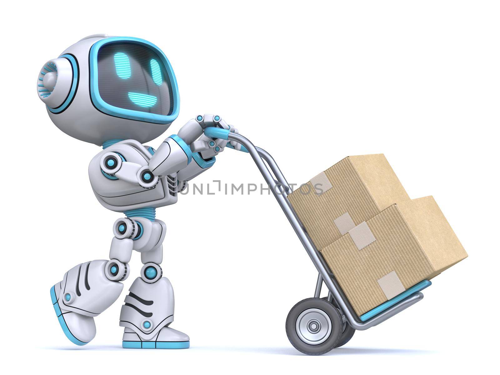 Cute blue robot push hand truck 3D by djmilic