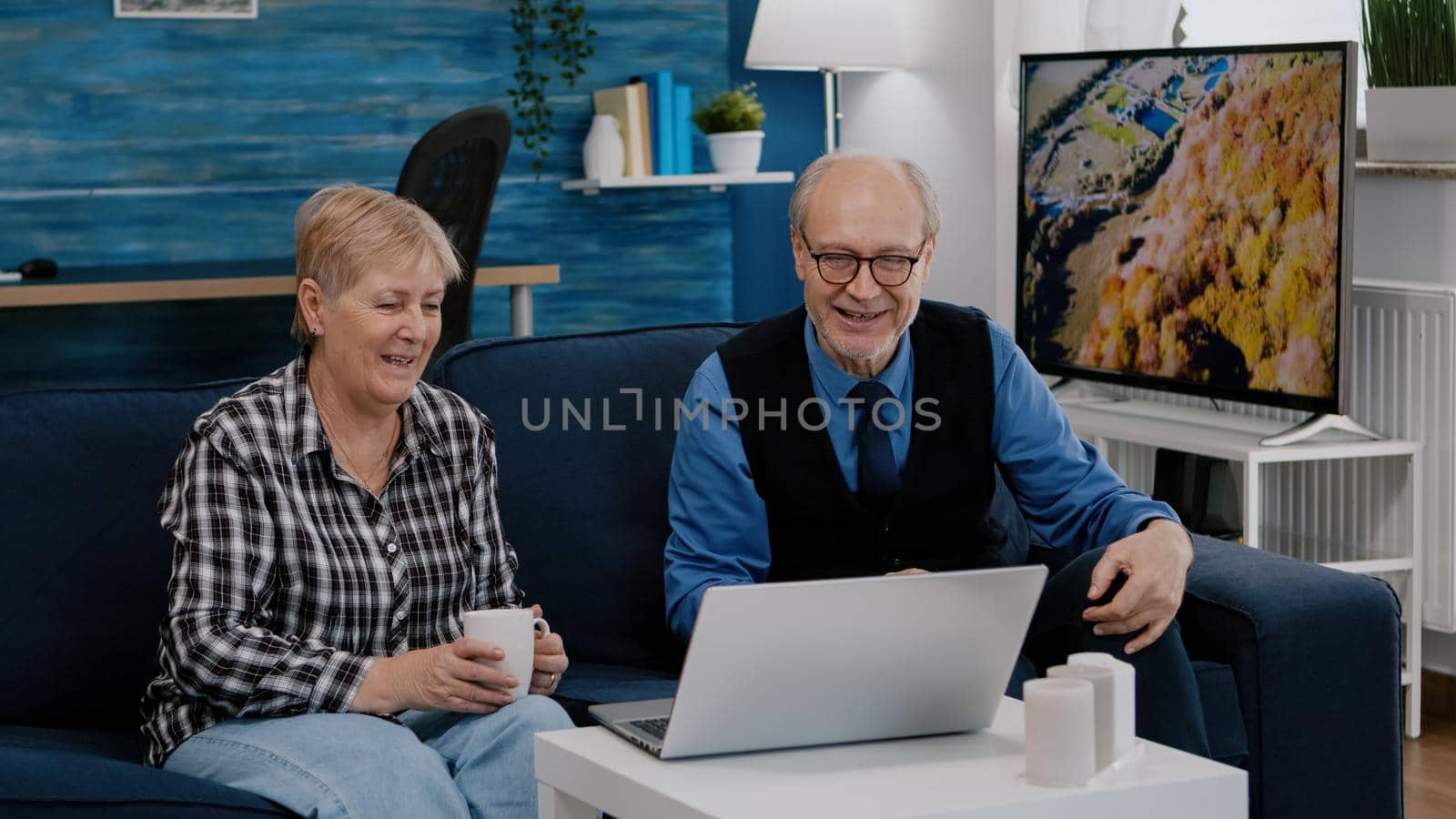 Enthusiastic couple of pensioners sitting together at home on sofa using laptop talking on video call with family friends waving at camera during online meeting. Connection lifestyle concept in quarantine