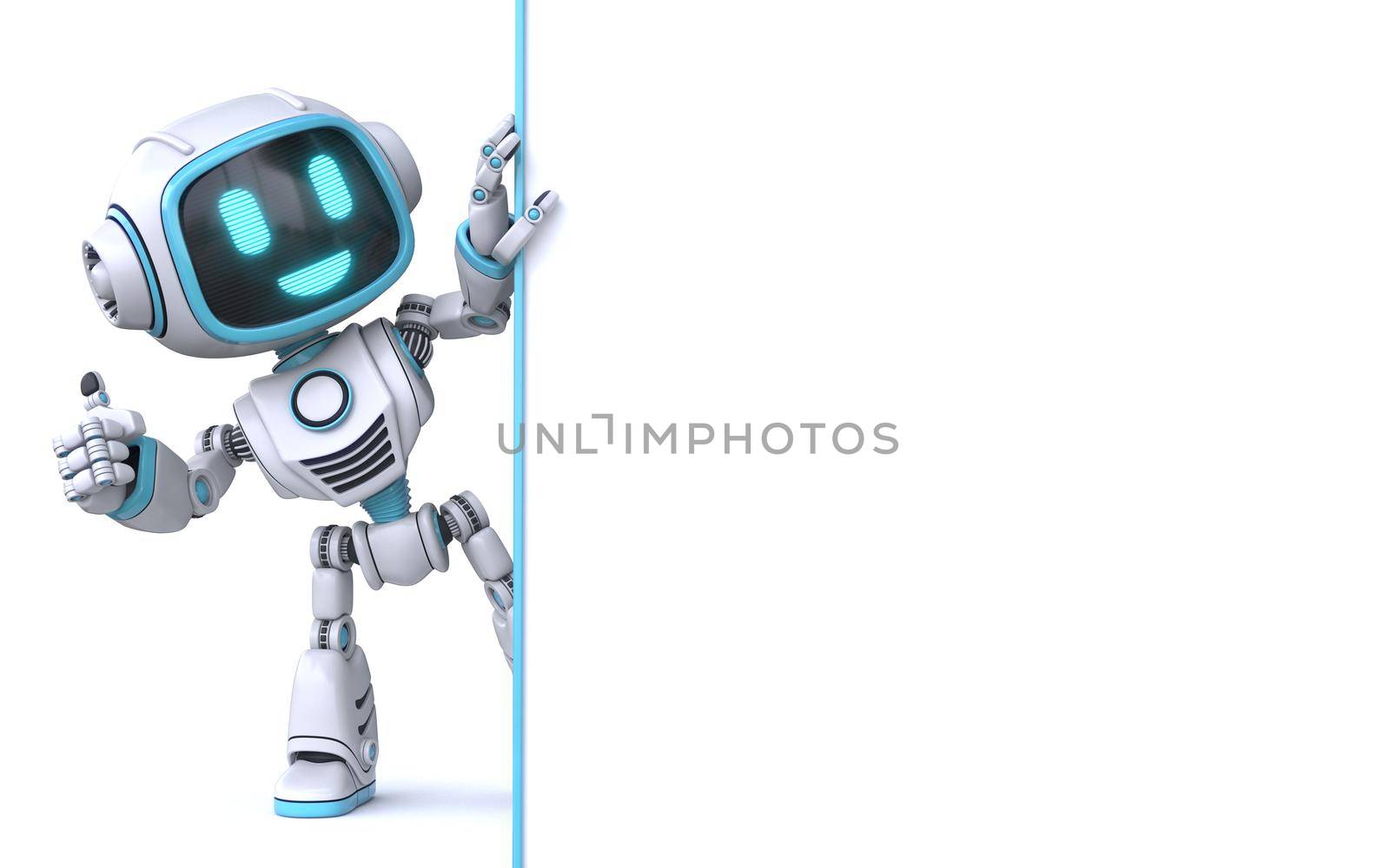 Cute blue robot holding blank white board 3D rendering illustration isolated on white background