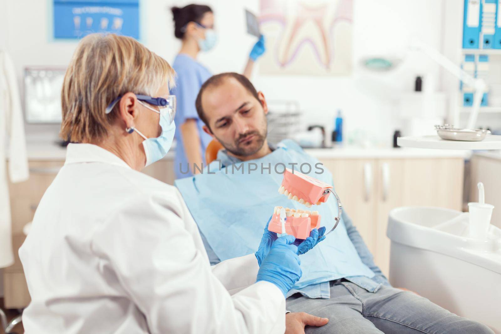 Senior dentist woman holding the dental jaw skeleton explaining dental surgery to patient. Stomatologist demonstrating professional brushing of teeth with a toothbrush during stomatology consultation
