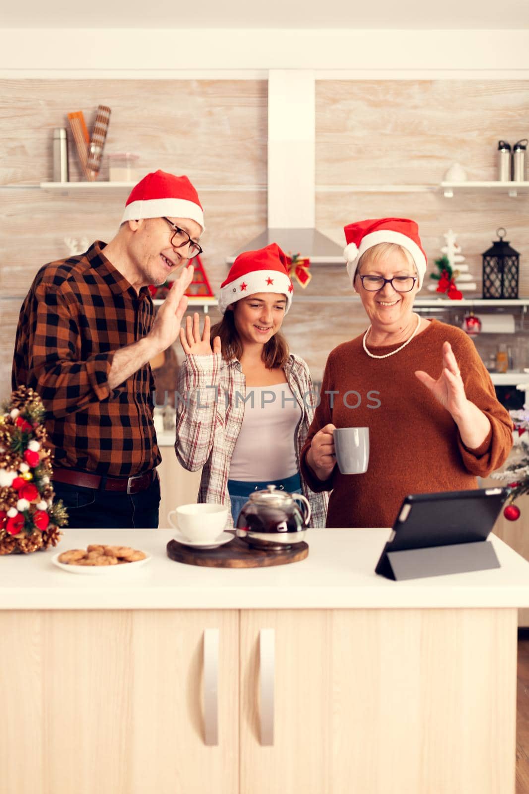 Happy multi generation family wearing santa hat during video conference celebrating winter holidays, decorated kitchen.