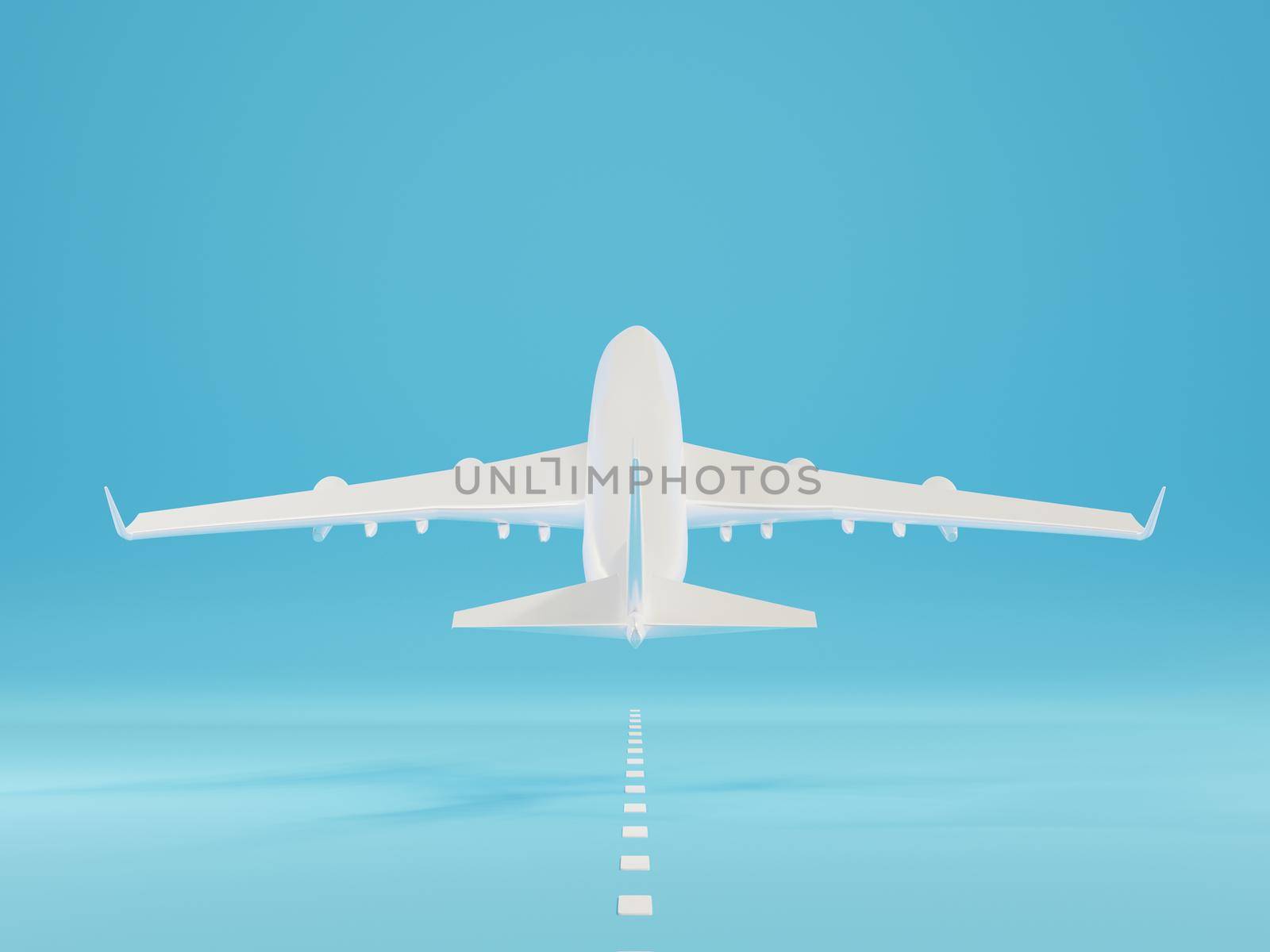 Airplane landing or taking off over ground on runway from the airport, Large jet plane takeoff on blue background, business travel flight concept, 3D rendering illustration