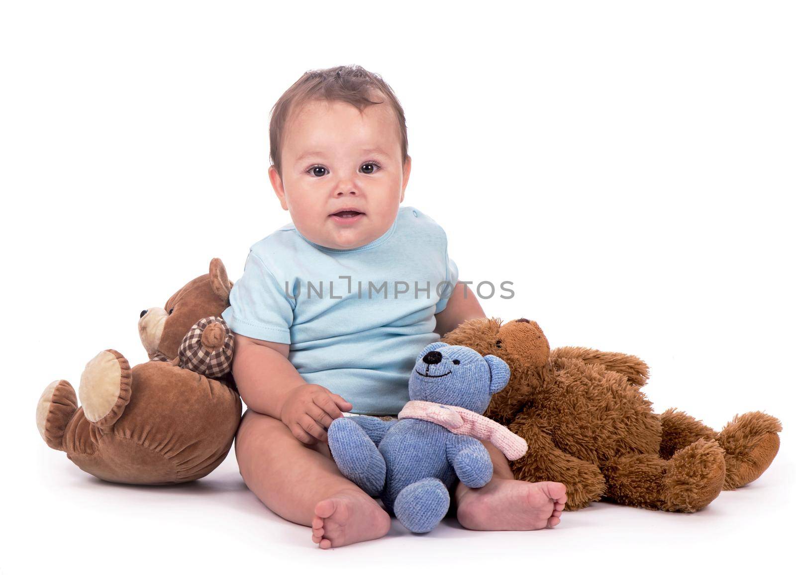 Baby with teddy bears. Sweet child with teddy bears isolated on white by aprilphoto