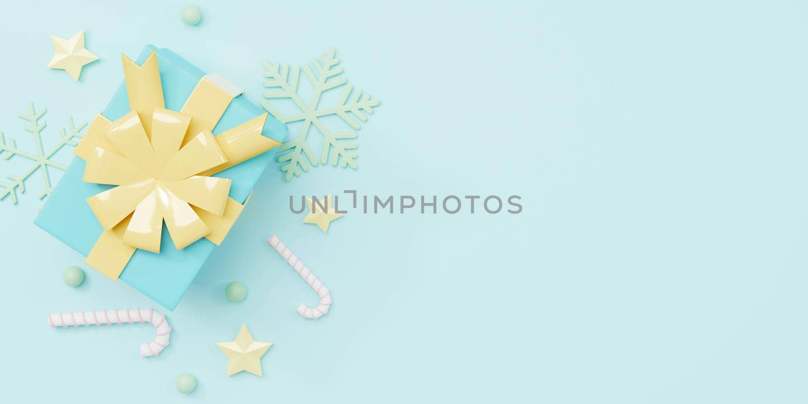 Merry Christmas and Happy New Year, Collection realistic gift boxes presents and decorative top view on blue background, Minimal decorated Christmas, Winter holiday season, 3D rendering illustration