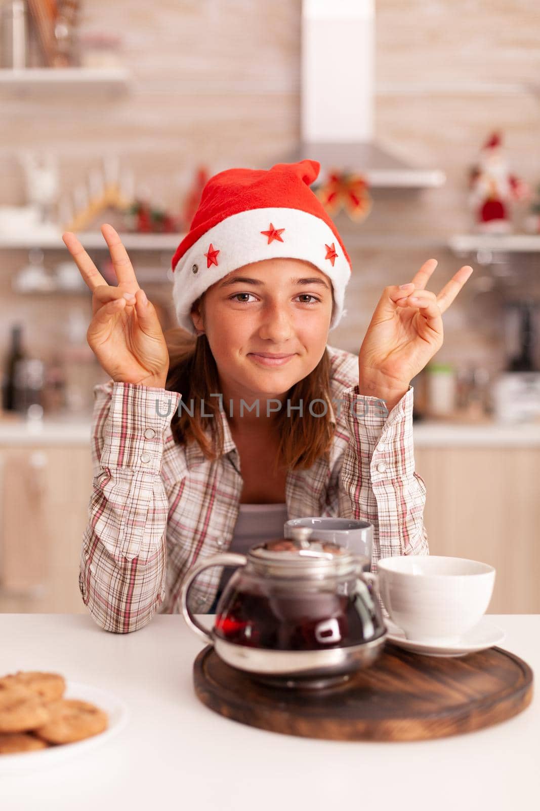 Portrait of child wearing santa hat looking into camera standing at tabl by DCStudio