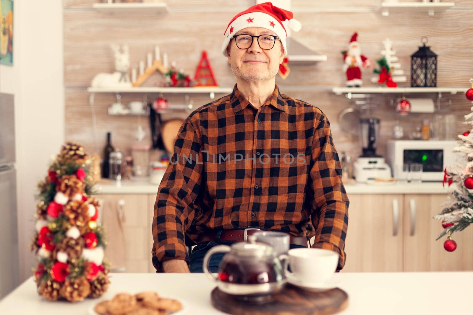 Happy old man with gray hair celebrating christmas wearing santa hat enjoying delicious cookies. Cheerful senior man in home kitchen with winter holiday decoration and tasty biscuits.