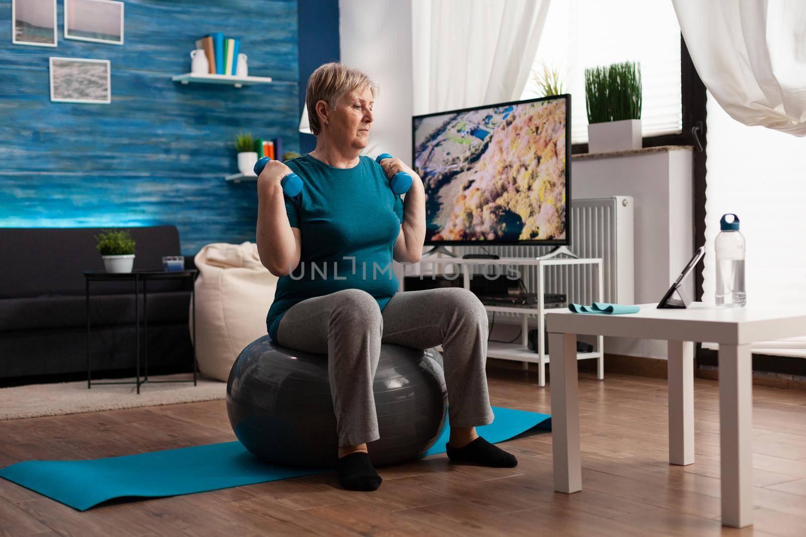 Focused senior man exercising body resistance workout doing arms exercise using dumbbell sitting on fitness swiss ball in living room. Pensioner watching online wellness training on laptop