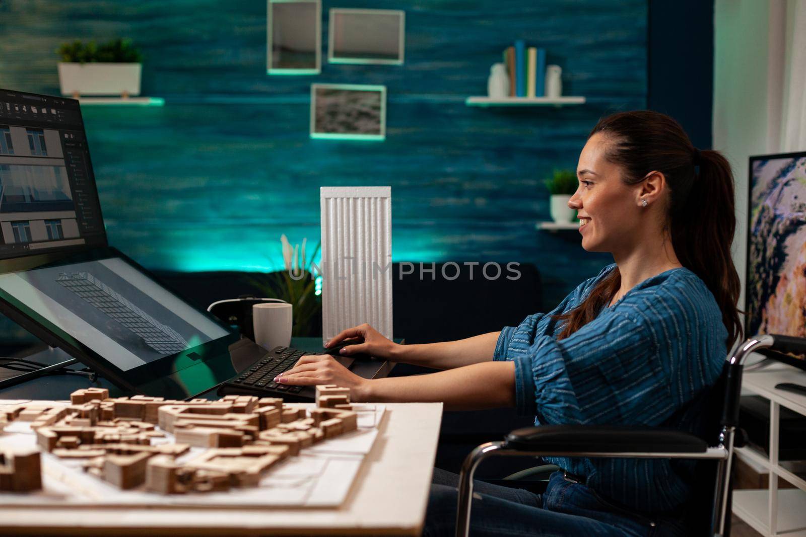 Construction engineer working on maquette plan at office for digital design drawing. Professional architect woman using modern technology computer monitor screen for renovation concept