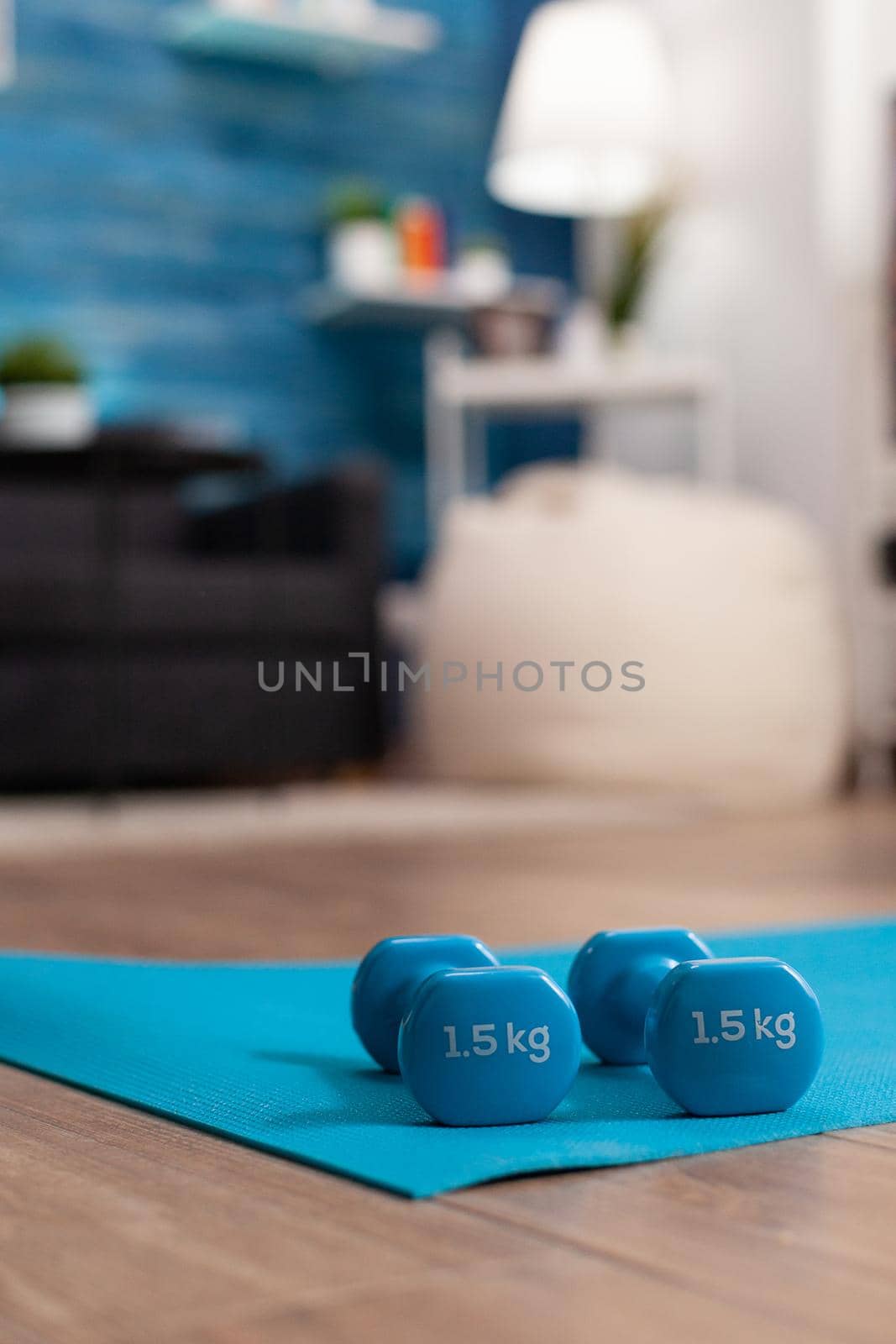 Aerobic empty living room with nobody in it having fitness dumbbells standing on yoga mat waiting for sportperson working at wellness workout doing physical exercises. Close-up of sports equipment