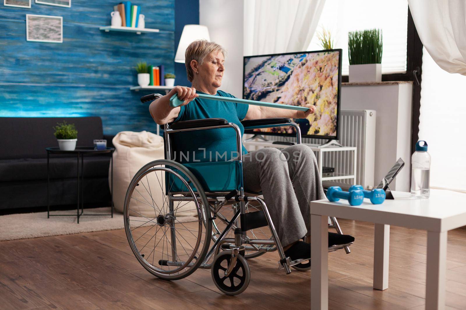 Pensioner woman in wheelchair training arm muscle using resistance elastic band doing recovery workout in living room. Invalid old adult watching fitness online video on tablet stretching body