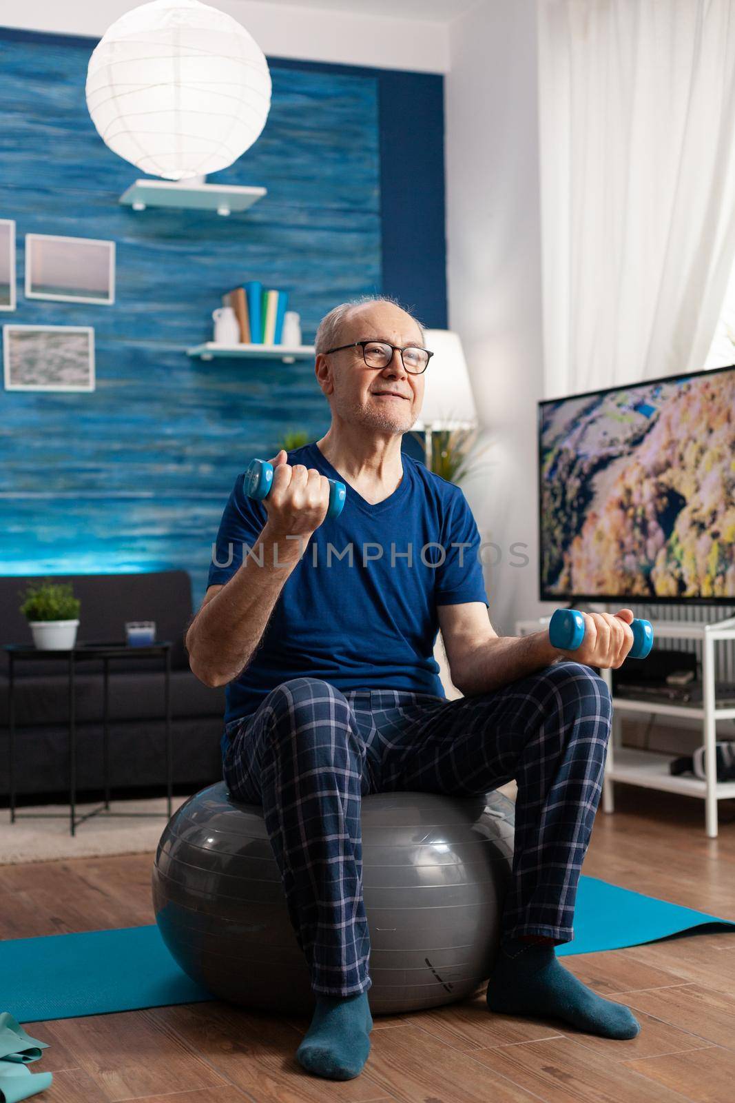 Retirement senior man sitting on swiss ball exercising arms muscles doing fitness exercises using workout dumbbells. Focused pensioner training body strength resistance in living room