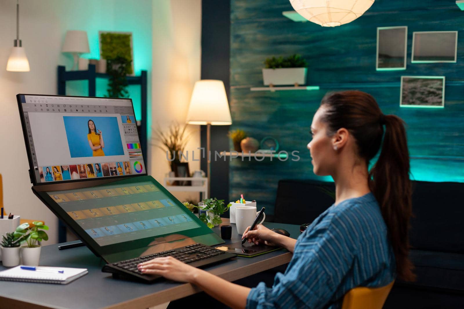 Retouch studio worker editing picture of model for photography agency. Caucasian artistic creative woman looking at computer monitor screen and photo retouching template software