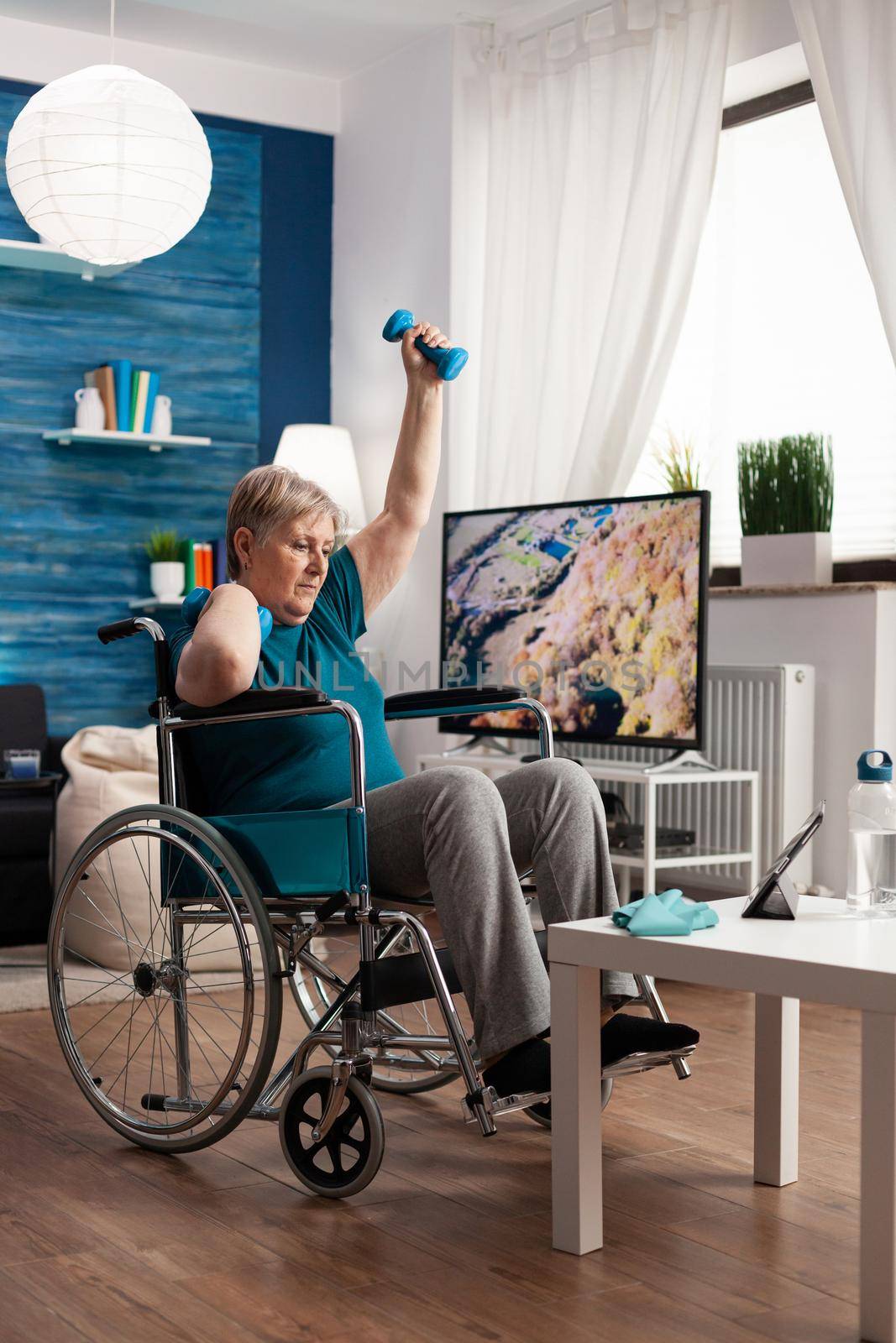 Invalid senior woman in wheelchair watching gym body exercise on tablet in living room exercising arms muscle using workout dumbbells. Pensioner recovery after paralysis training muscles resistance
