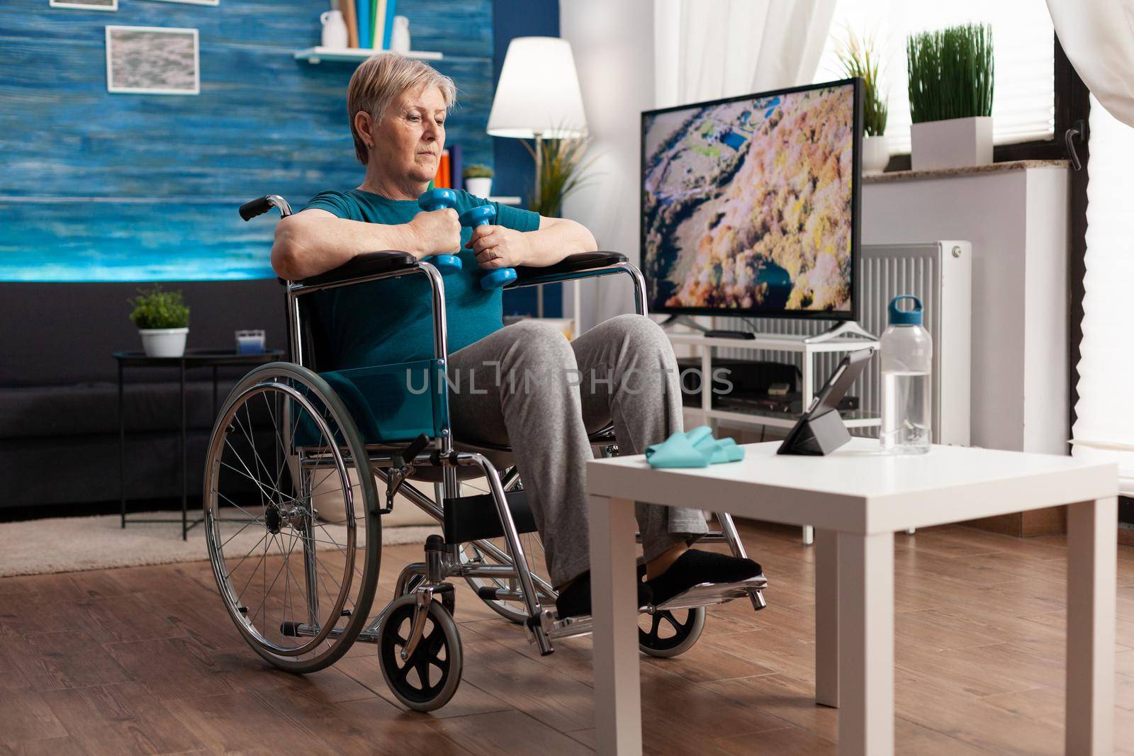 Invalid senior woman in wheelchair training body muscles using gymnastic dumbbells by DCStudio