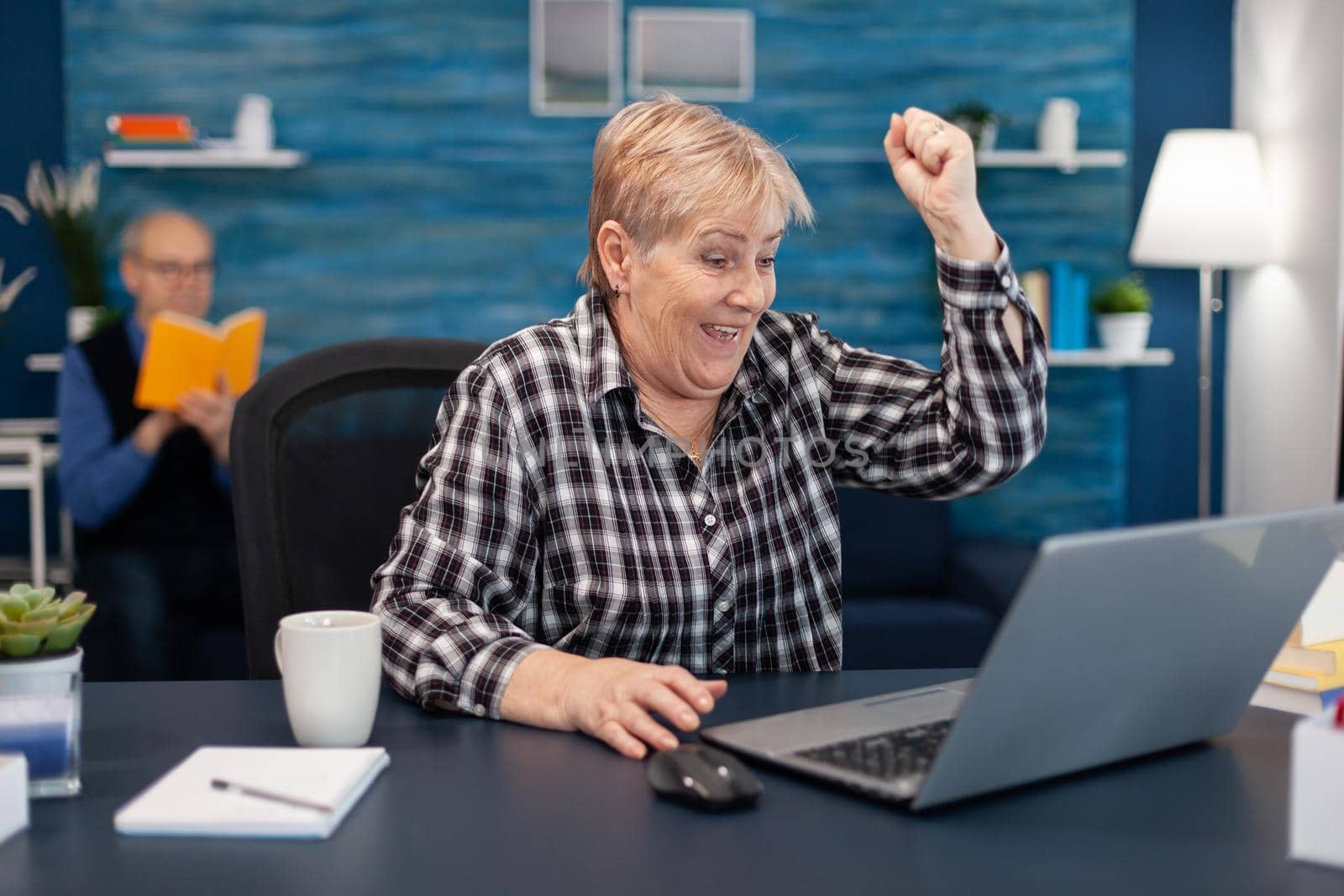 Portrait of cheerful mature woman celebrating achievement. Thrilled cheerful elderly woman while using laptop computer in living room while husband is reading a book sitting on sofa.