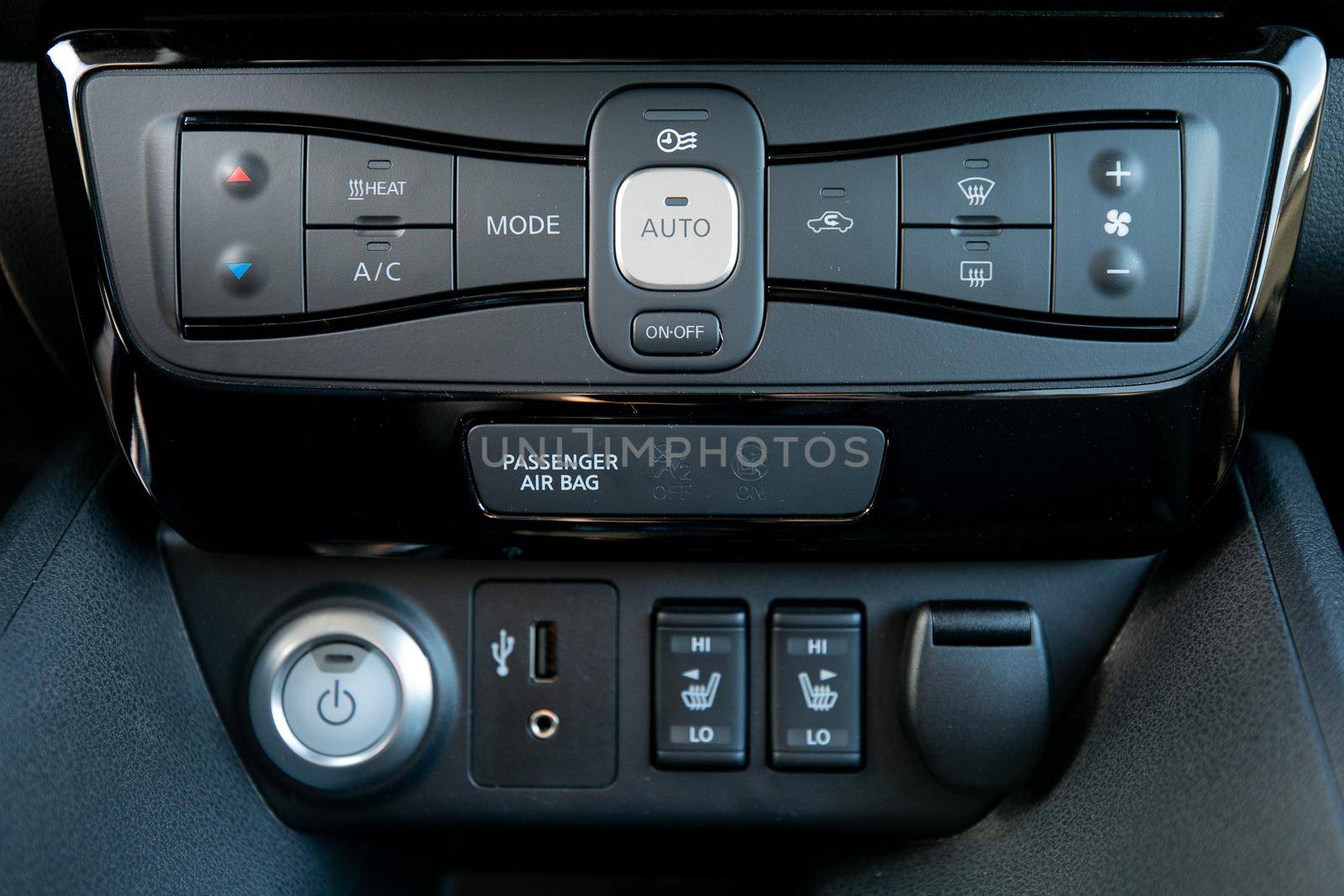 Conditioner and air flow control in a modern car. Car interior with climate-control view.