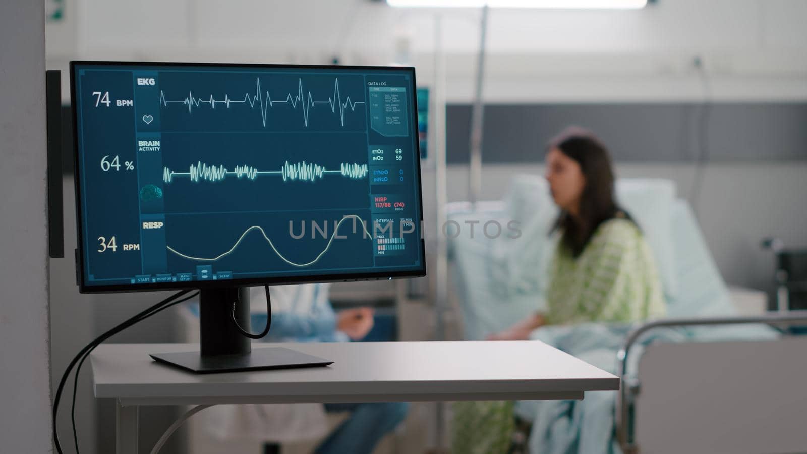 Sick woman resting in bed discussing with specialist doctor sickness symptom during rehabilitation appointment. Practitioner man monitoring recovery expertise working in hospital ward