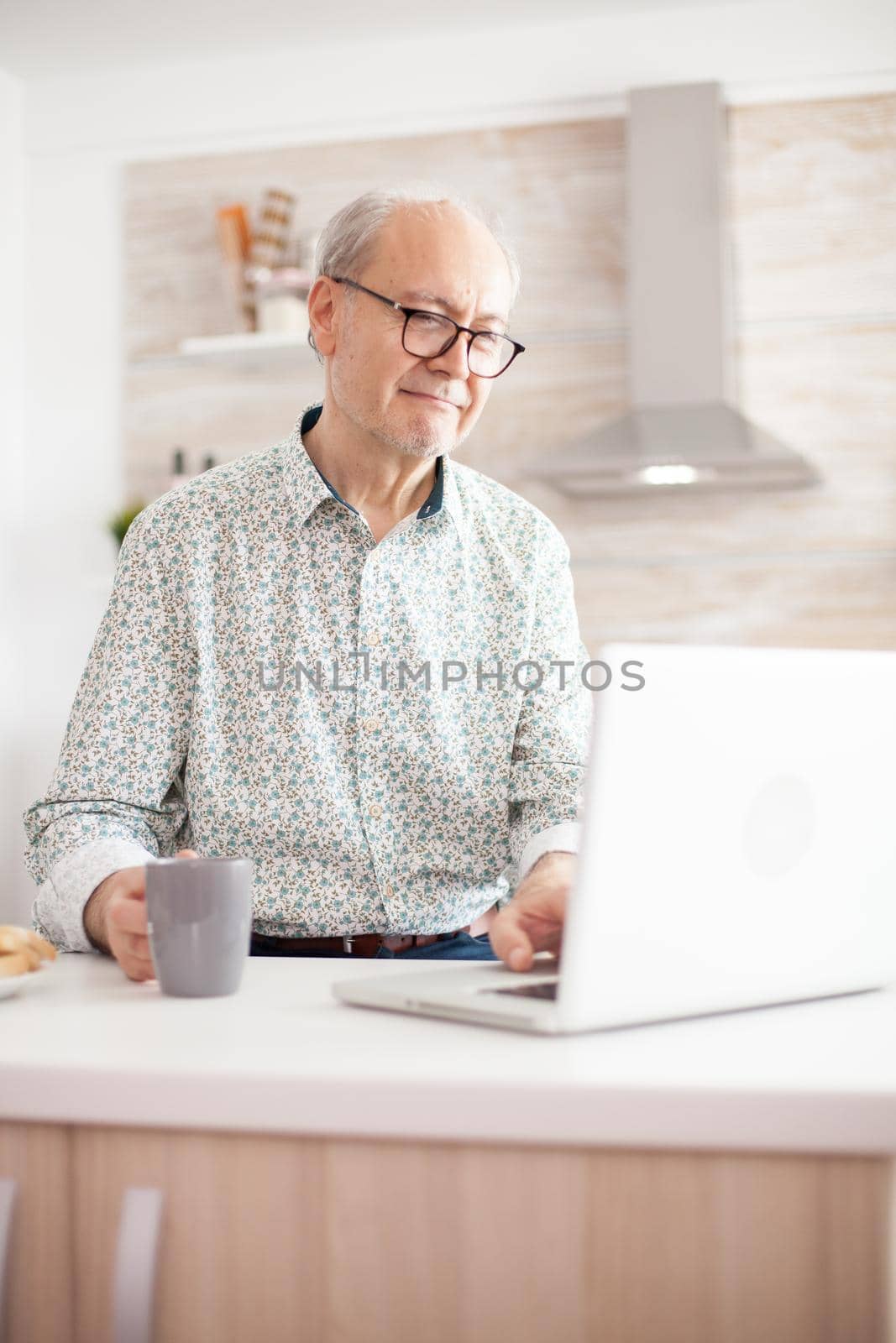 Grayhaired senior retired man browsing on internet. Daily life of senior man in kitchen during breakfast using laptop holding a cup of coffee. Elderly retired person working from home, telecommuting using remote internet job online communication