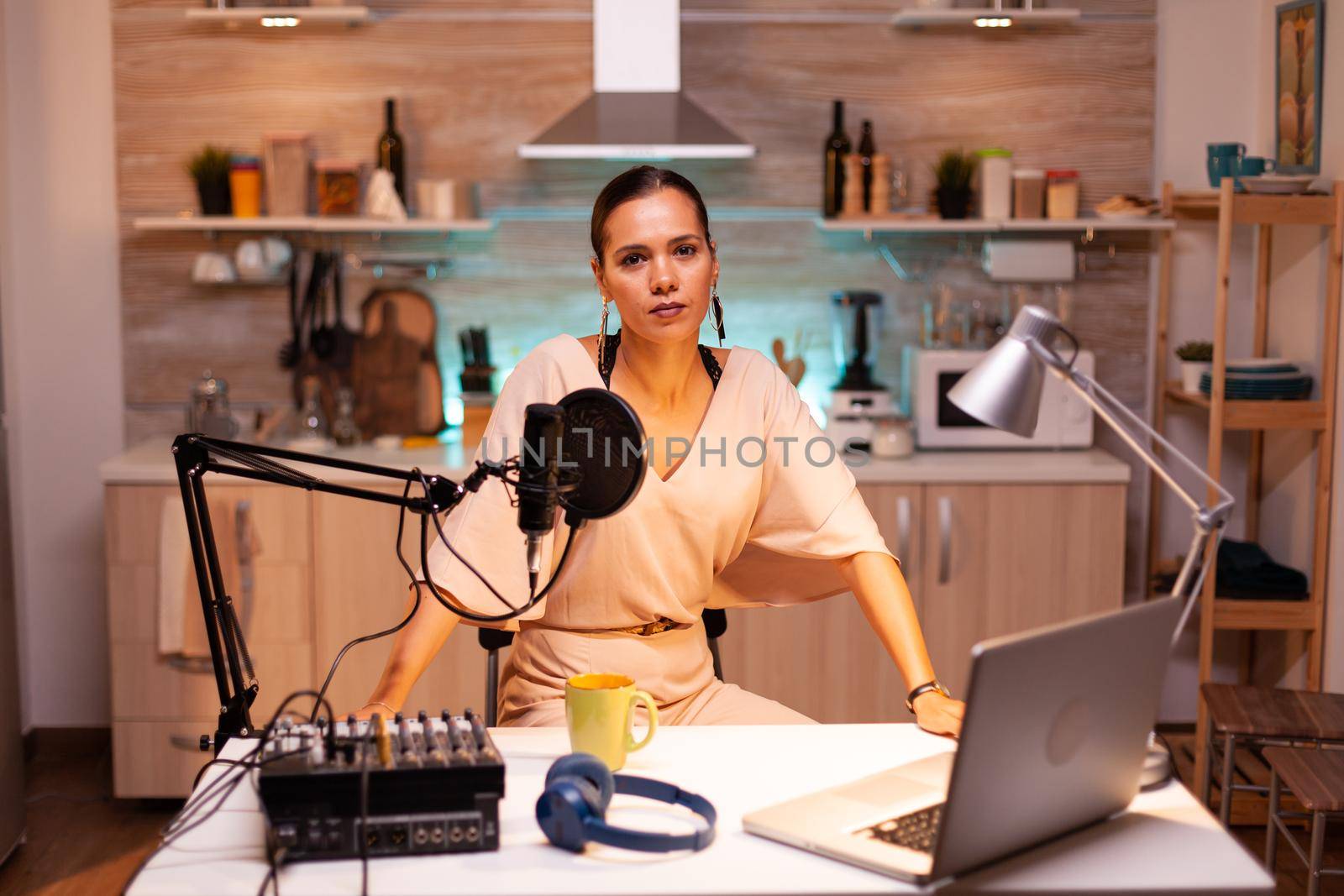 Vlogger looking at camera while talking into microphone during entertainment podcast. Creative online show On-air production internet broadcast host streaming live content.