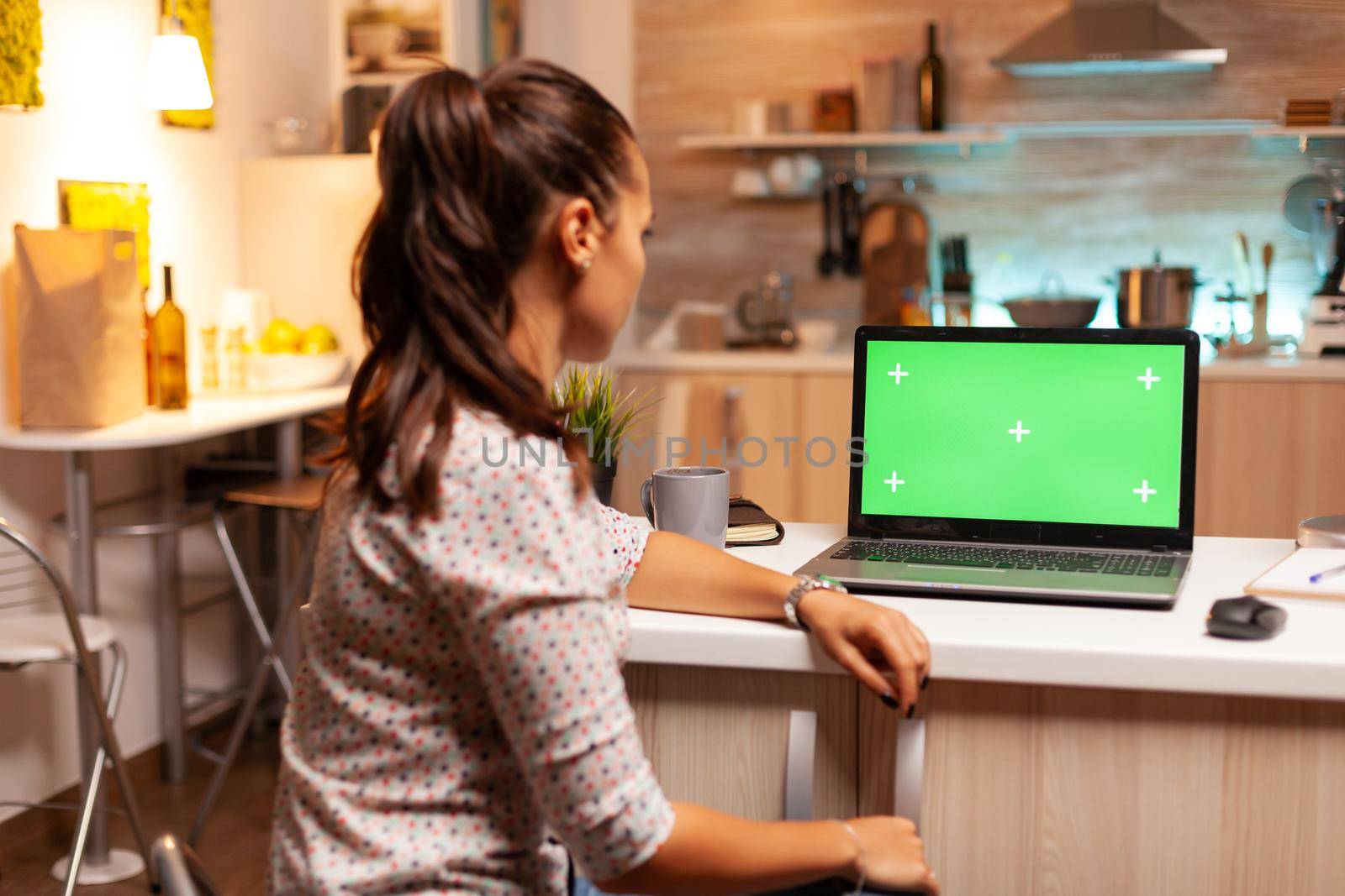 Woman using laptop with green mockup. Sitting at desk works on computer late at night, business, online, smart, blank, copyspace, digital, display.