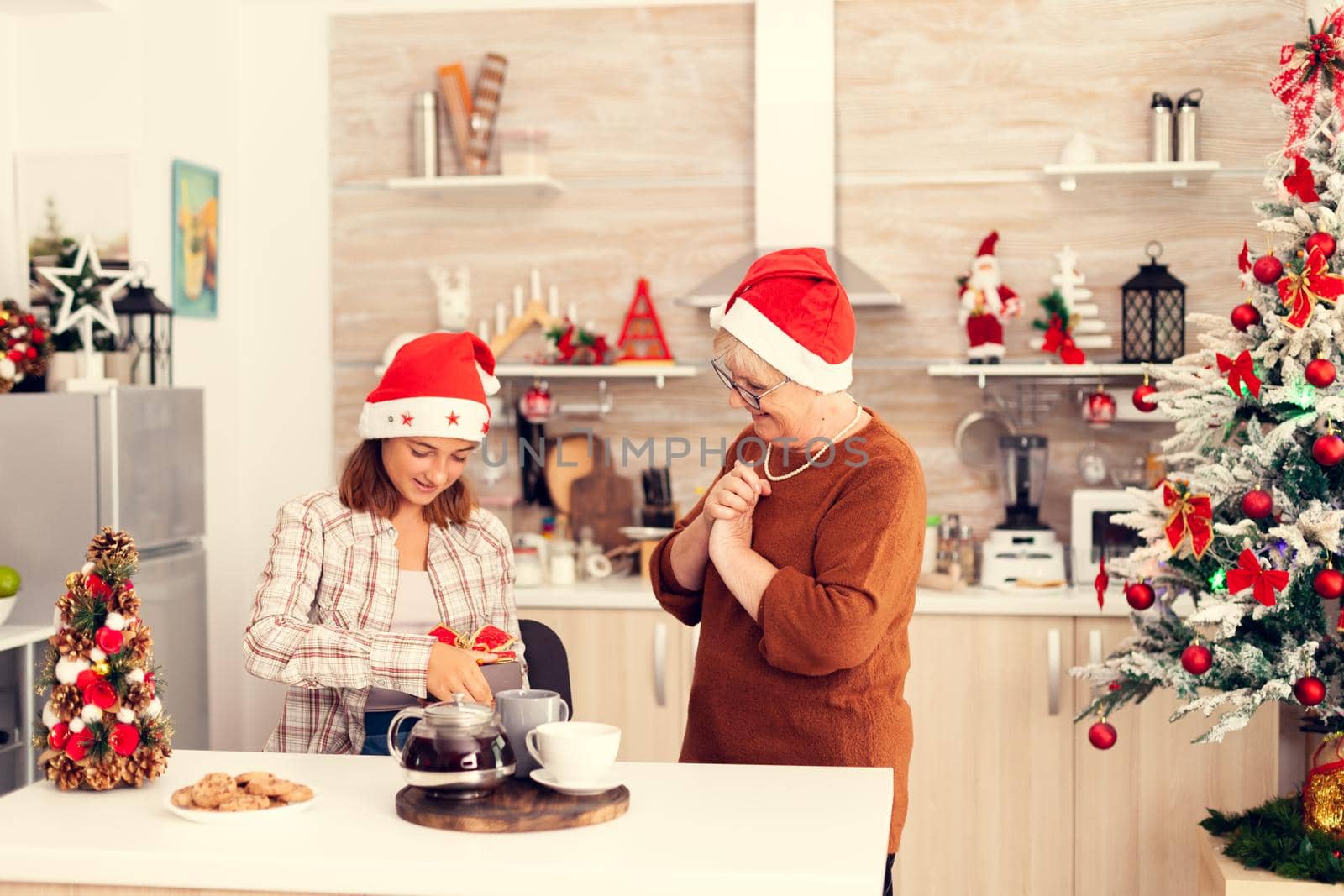 Joyful granny wearing red hat giving niece christmas gift box during enjoying time together. Senior woman wearing santa hat surprising granddaughter with winter holiday present in home kitchen with christmas tree in the background.
