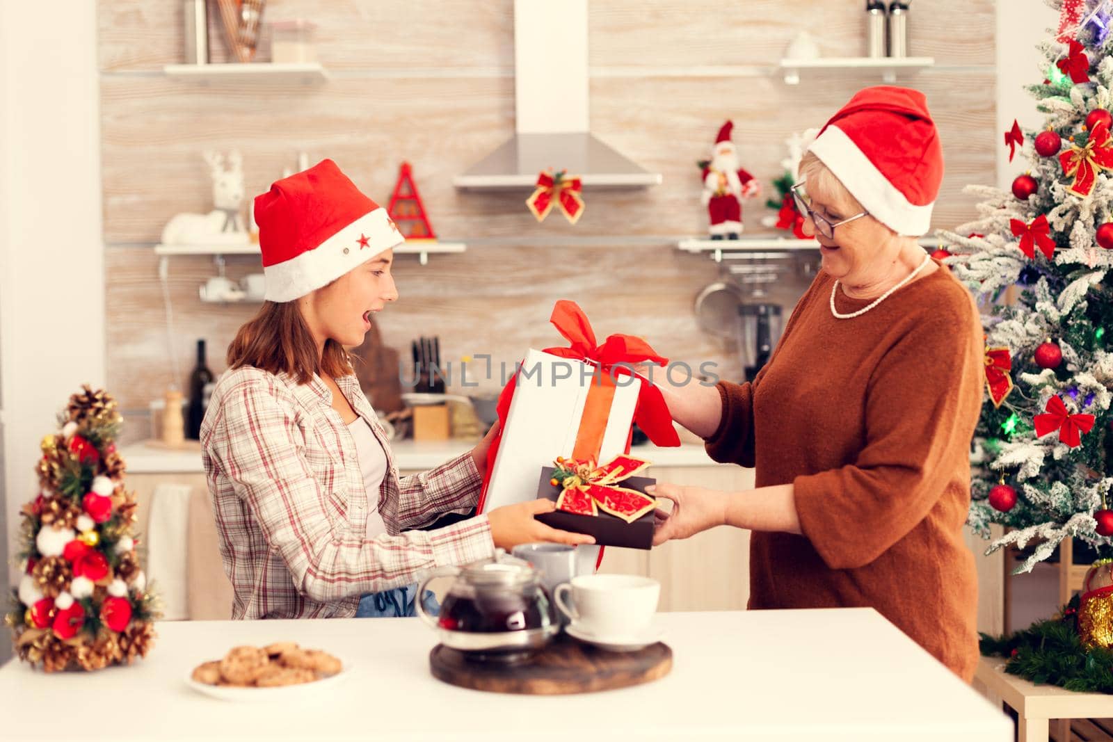Senior woman wearing santa hat surprising granddaughter with winter holiday present in home kitchen with christmas tree in the background.