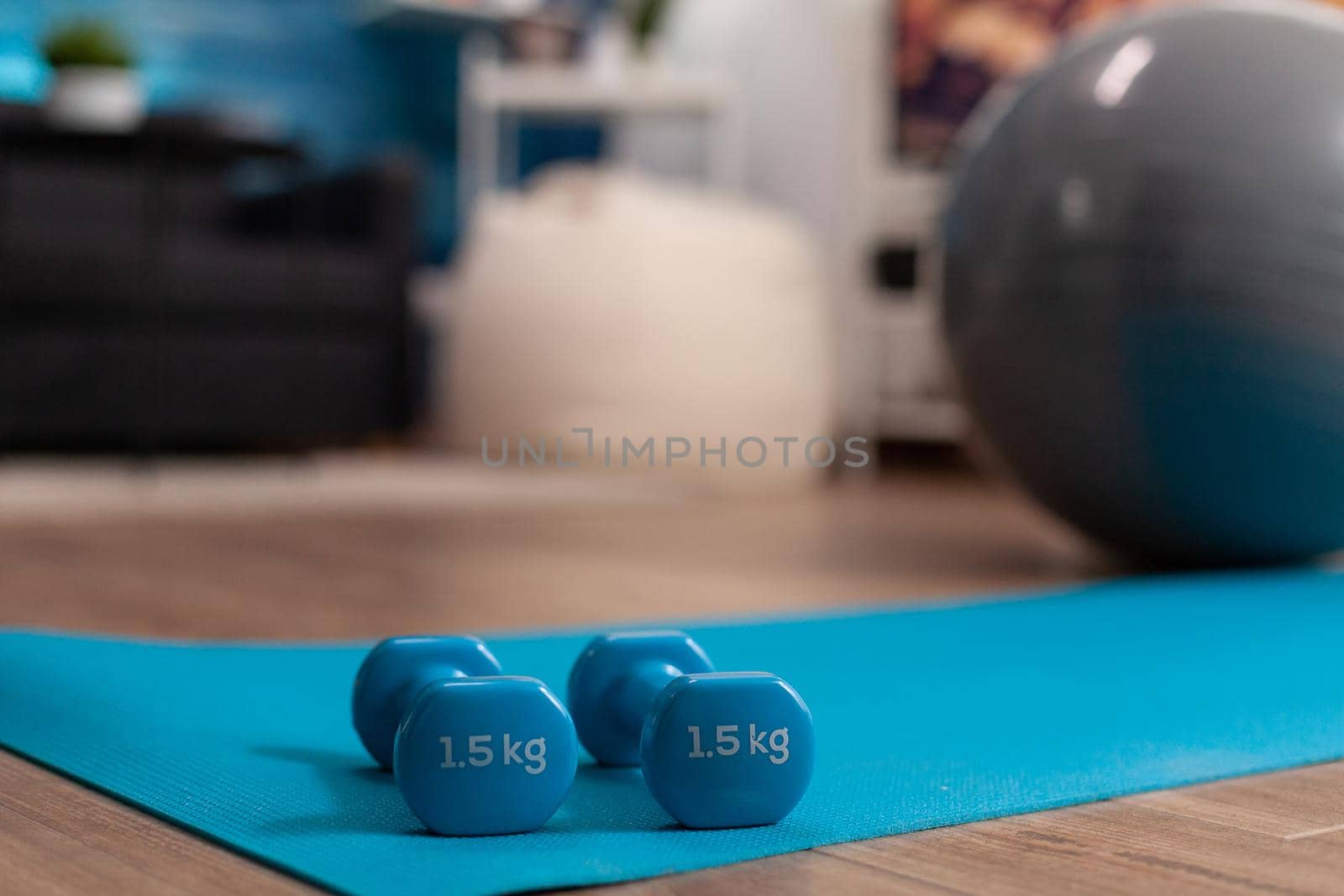 Close-up of fitness dumbbells standing on yoga mat in living room with nobody in it ready for pilates workout working body healthcare exercises. Empty meditation gymnastics house