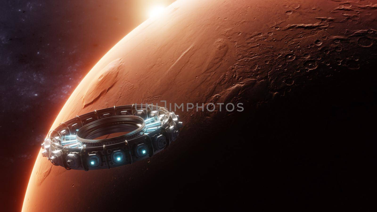 Exploring Mars with spaceships among the stars using international scientific research center. Orbiting shuttle in the univers and atmosphere. Images from NASA. Rendered 3D illustration