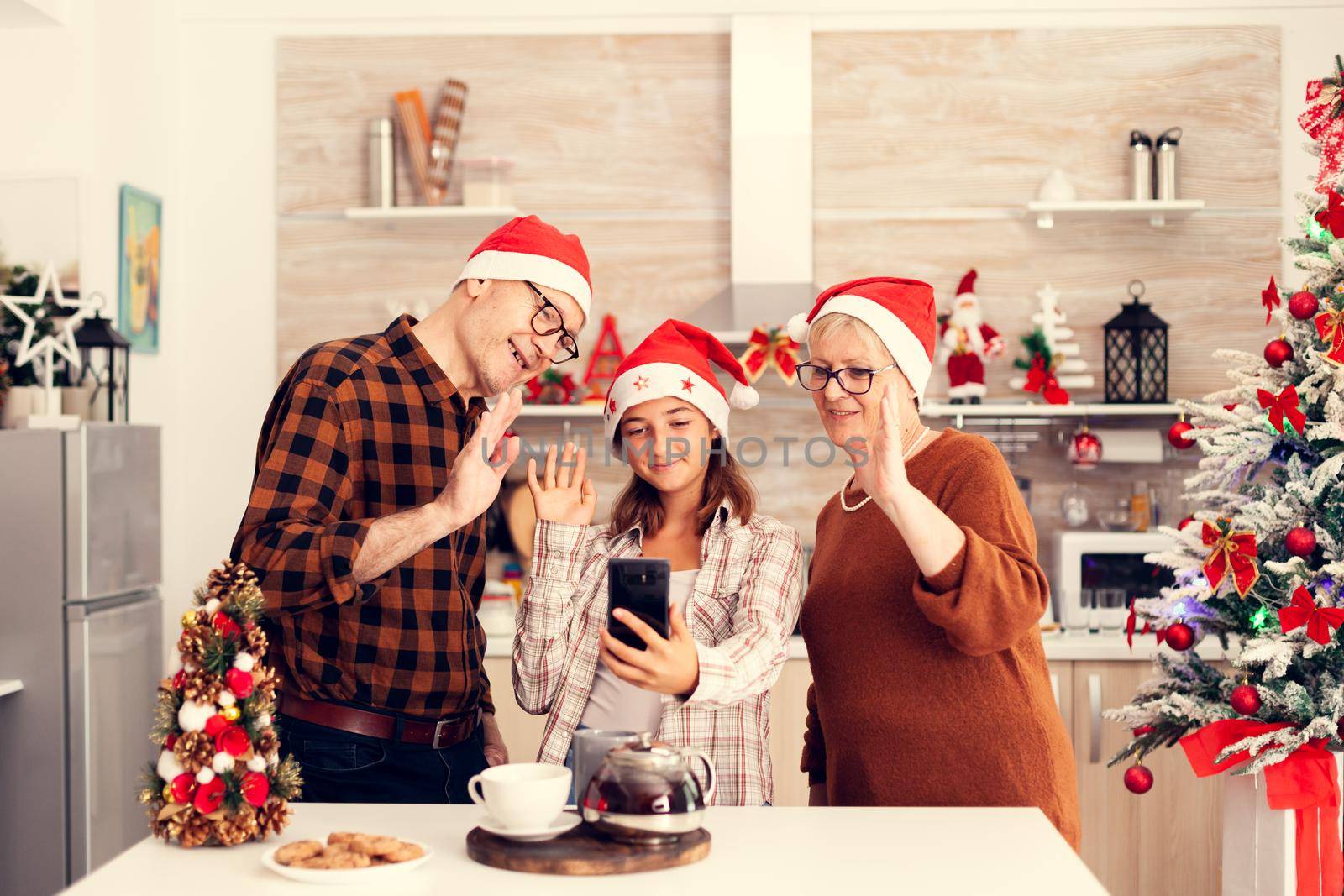 Niece and grandparents celebrating christmas saying hello at phone in time of video conference with relatives. Happy multi generation family wearing santa hat during video conference celebrating winter holidays, decorated kitchen.