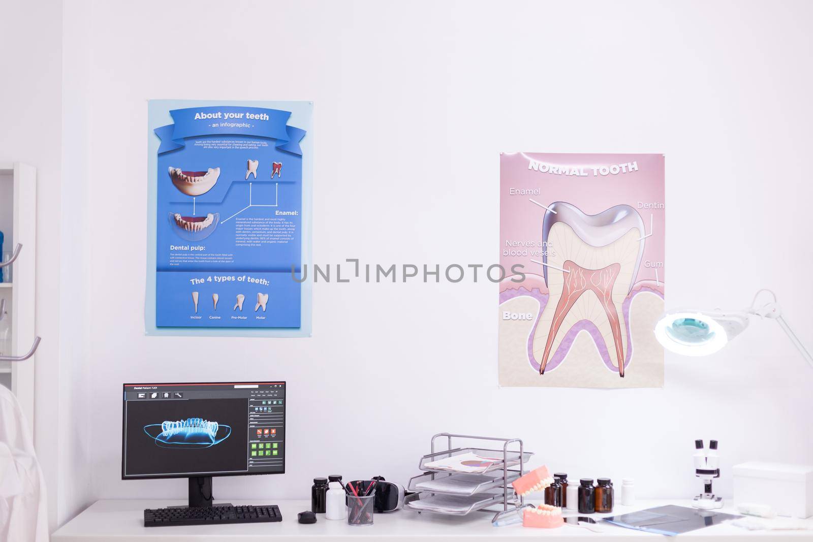 Empty orthodontist stomatology hospital office room prepared for medical healthcare treatment by DCStudio