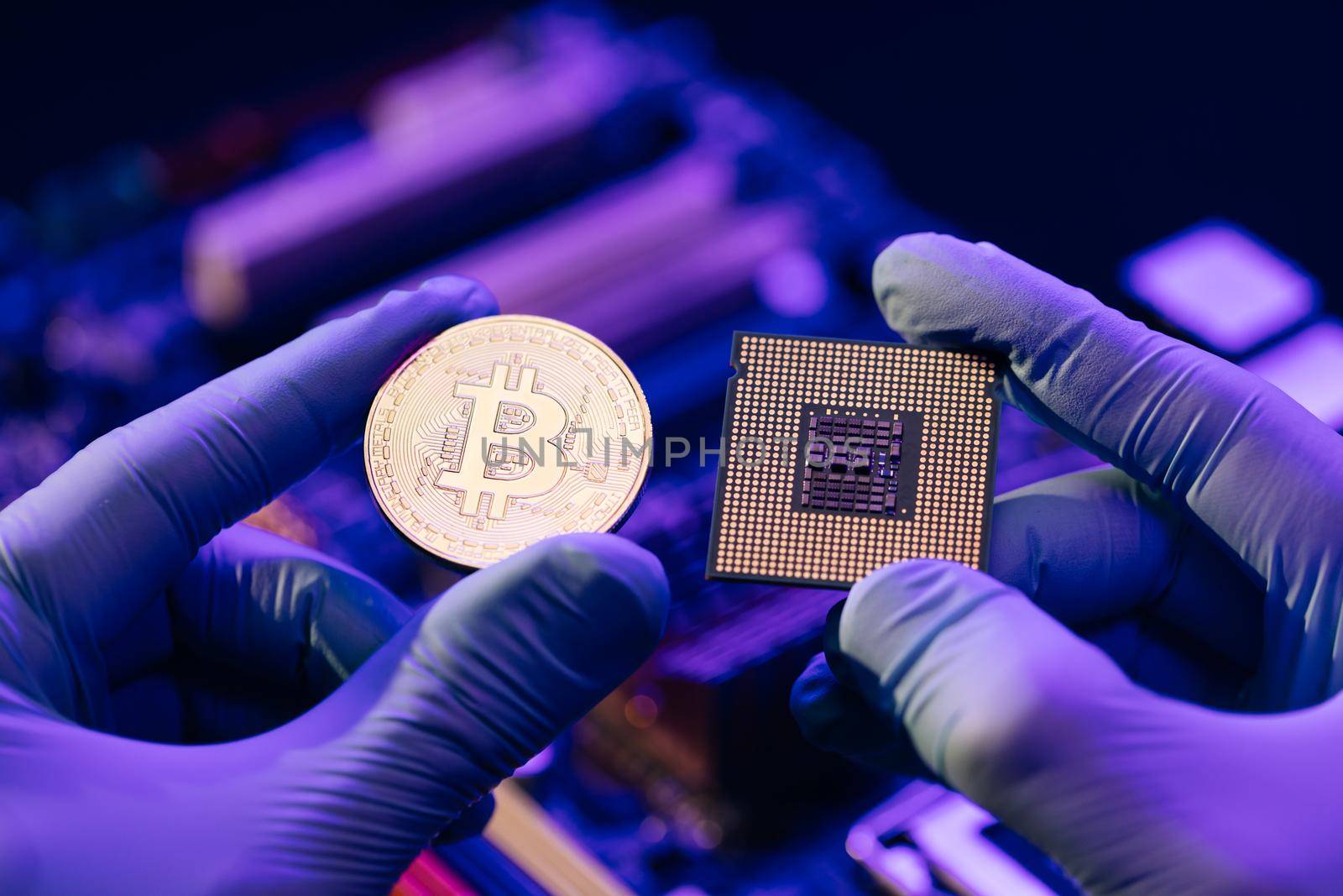 Closeup of man hands in gloves hold gold Bitcoin and cpu on motherboard background. Person shows future currency. Mining, trading. Cryptocurrency in the fingers.