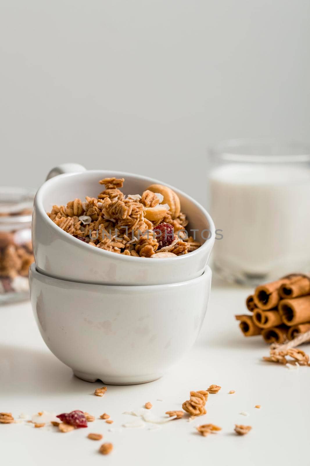 front view bowl with homemade granola. High resolution photo