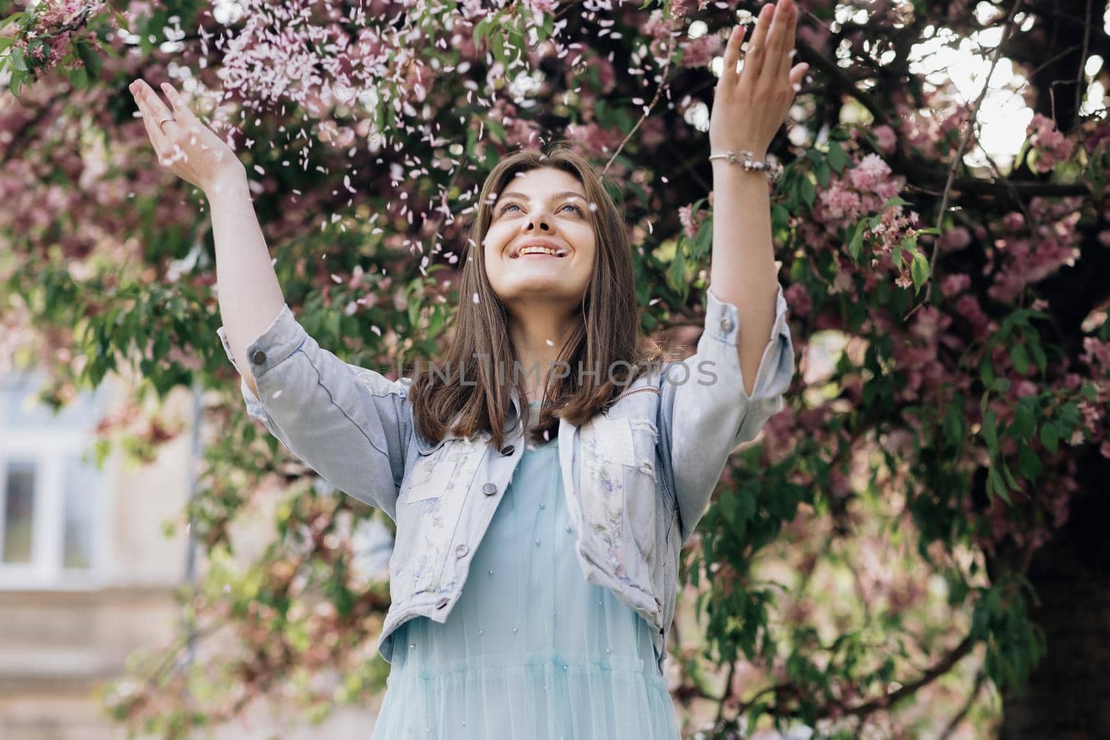 Gorgeous girl is holding pink flower petals in her hands. Blowing petals, windy weather. Girl blowing pink sakura blossom petals in her hands looking at camera and smile.