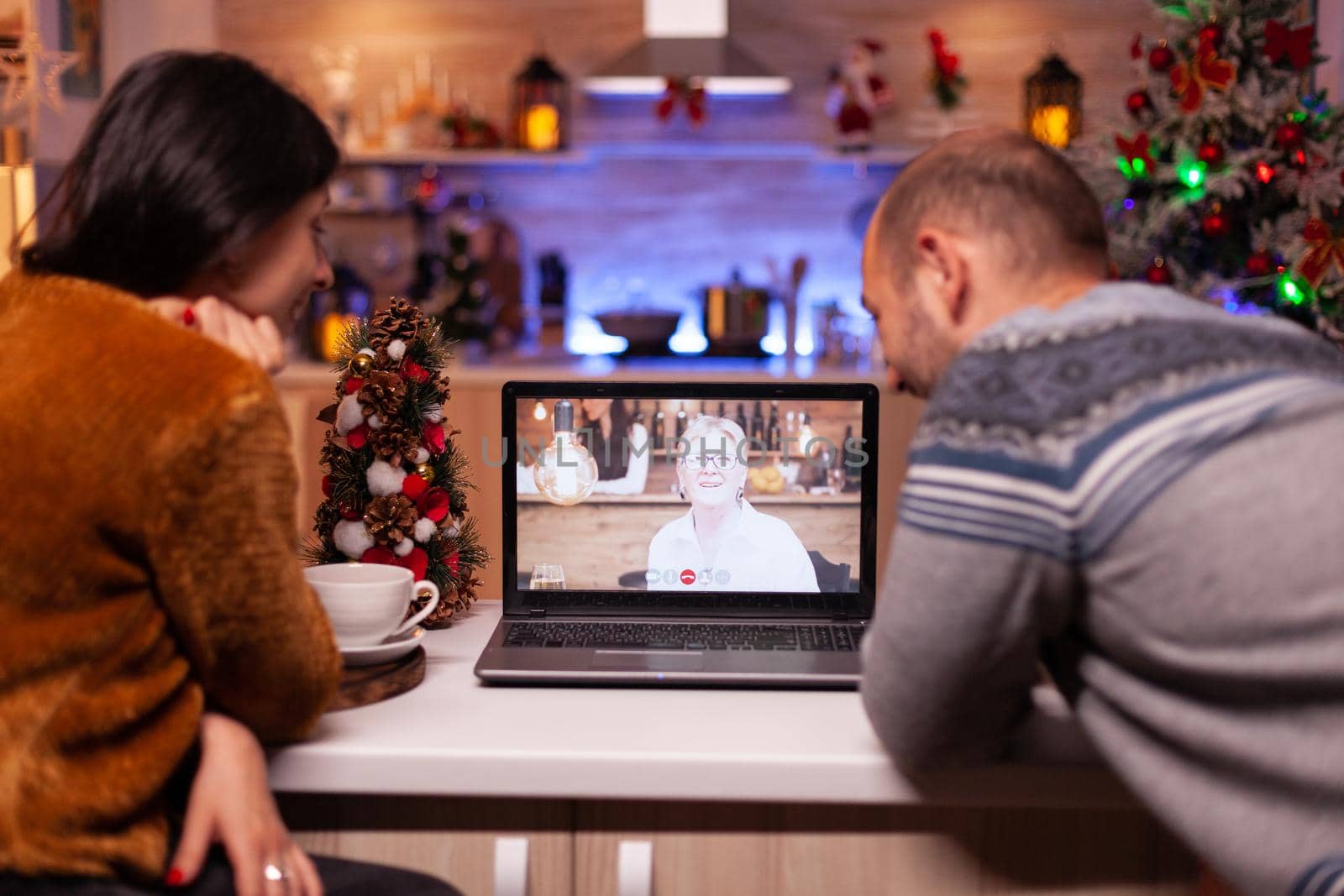 Happy family talking with remote grandmother during online videocall meeting by DCStudio