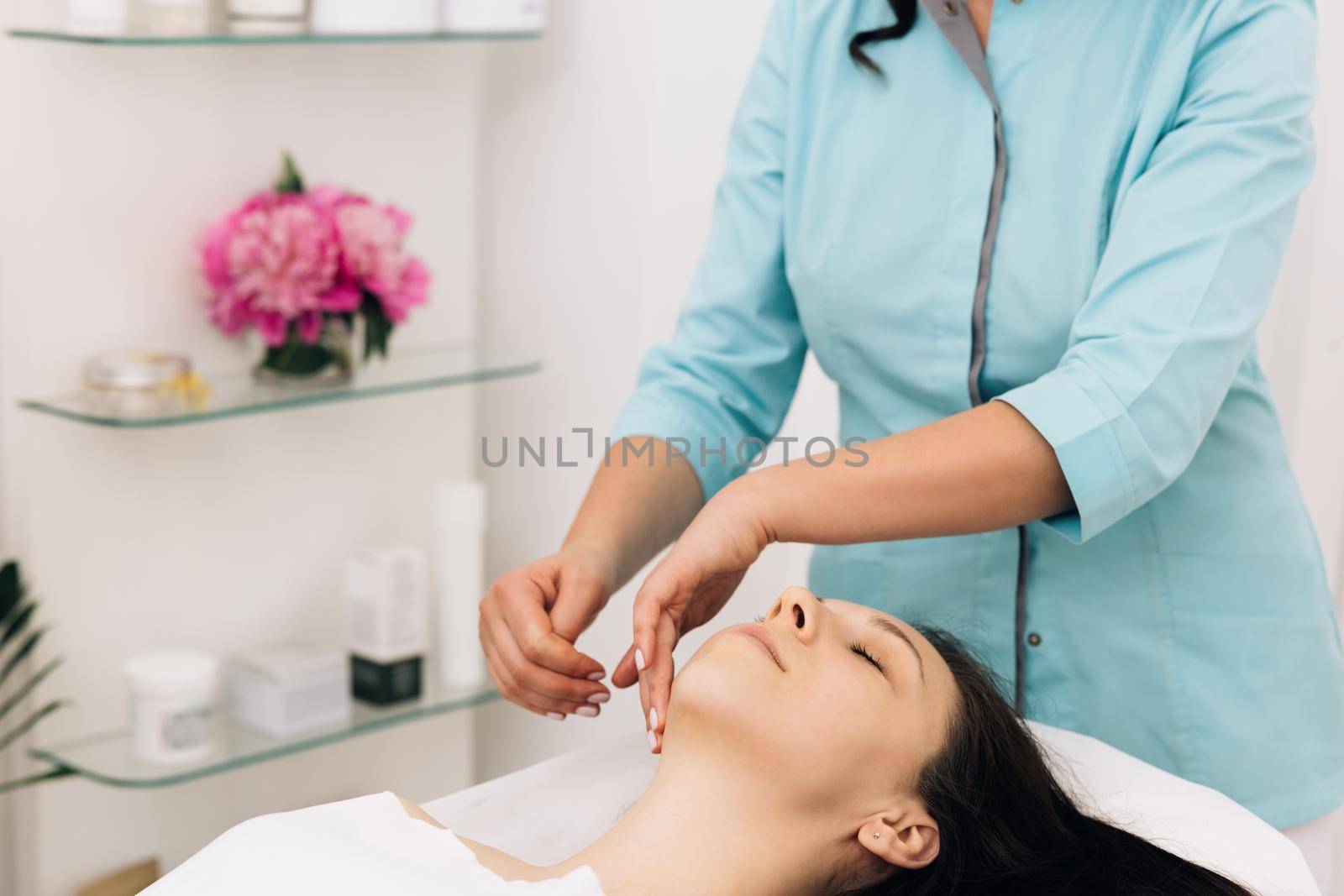 Face Massage in beauty spa salon. Beauty Treatments. Body care, skin care, wellness, wellbeing, beauty treatment concept. Spa facial Massage.