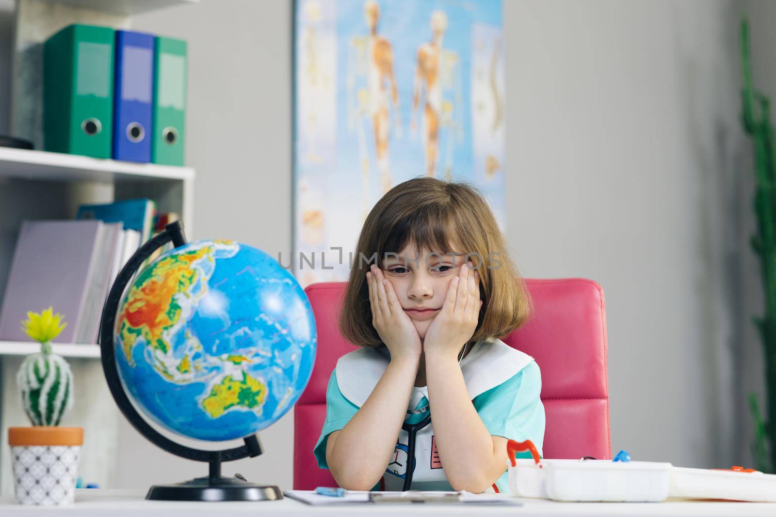 Earth Temperature with Thermometer Icon for Global Warming and Climate Change. Little kid girl dressed in a doctor's suit of the Earth. Ecology and global warming concept.