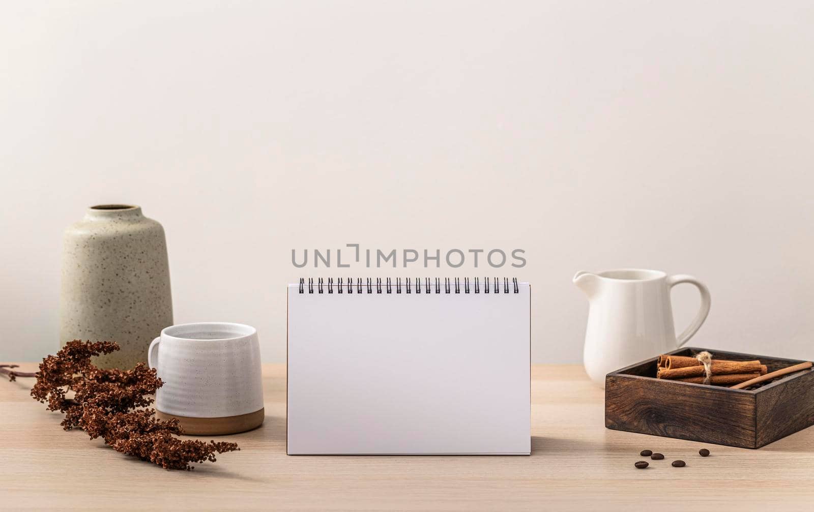 front view table calendar coffee mug. High resolution photo