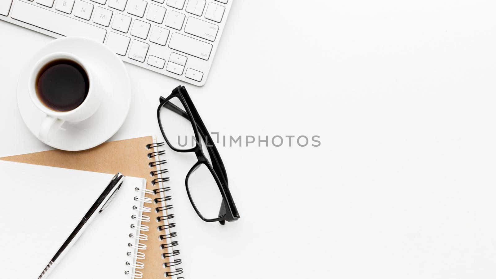 top view desk items concept. High resolution photo