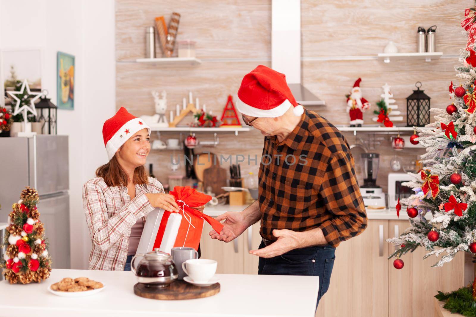 Granddaughter surprising grandfather with wrapper present celebrating christmas season together in xmas decorated kitchen. Happy family enjoying winter holiday together bringing gift with ribbon on it