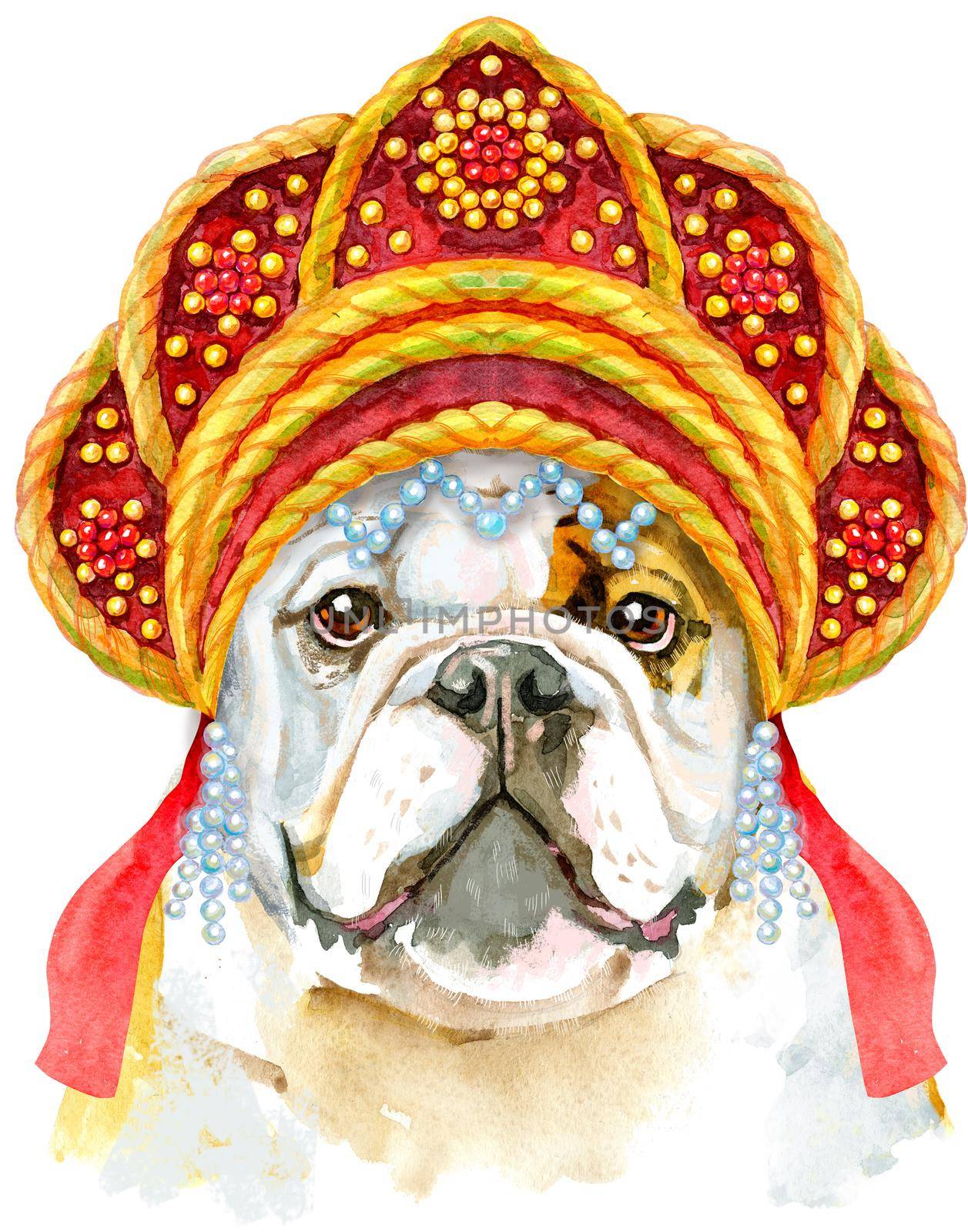 Watercolor portrait of bulldog in Russian national headdress kokoshnik by NataOmsk