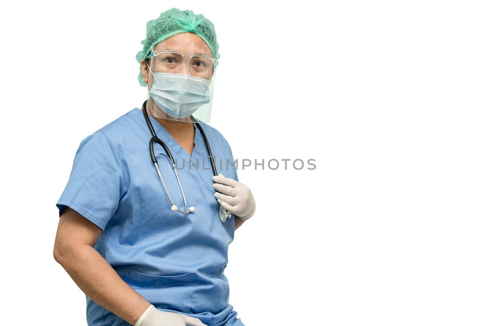 Asian doctor wearing face shield and PPE suit new normal to check patient protect safety infection Covid 19 Coronavirus outbreak isolated on white background with clipping path. by pamai