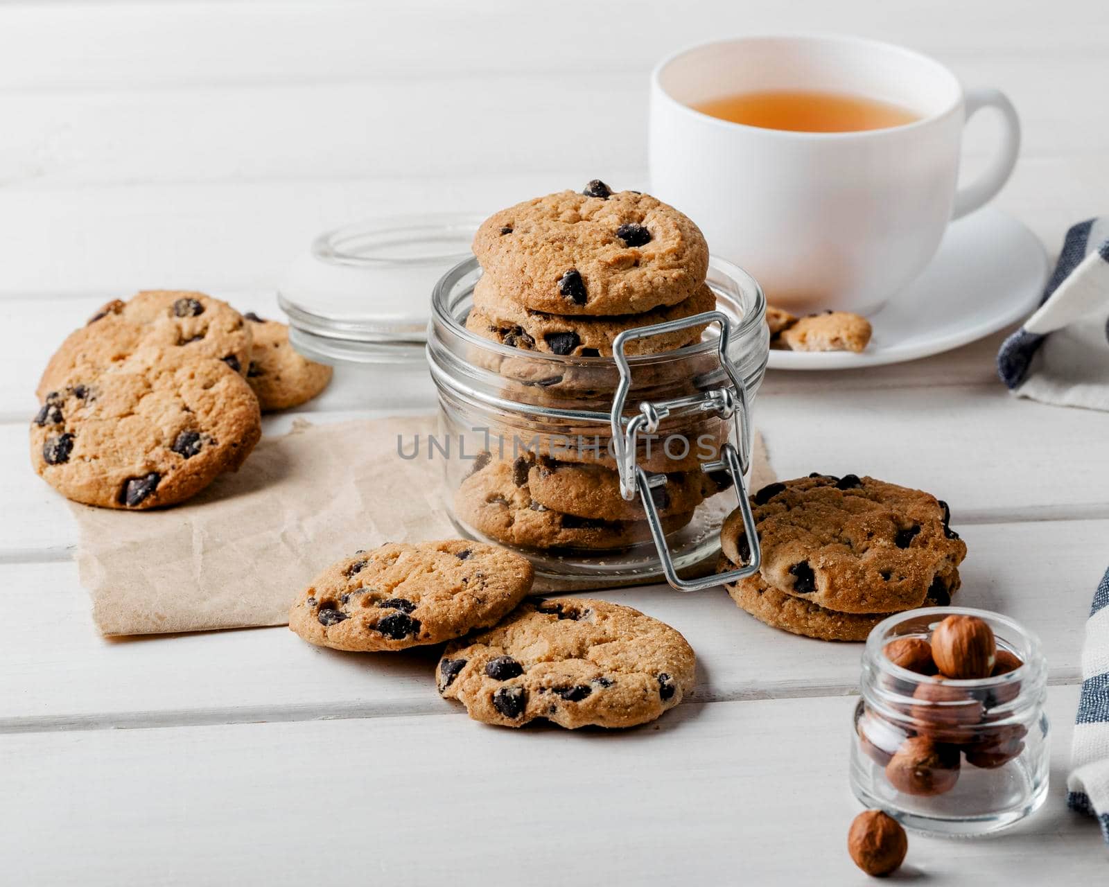 delicious cookies cup tea table. High resolution photo