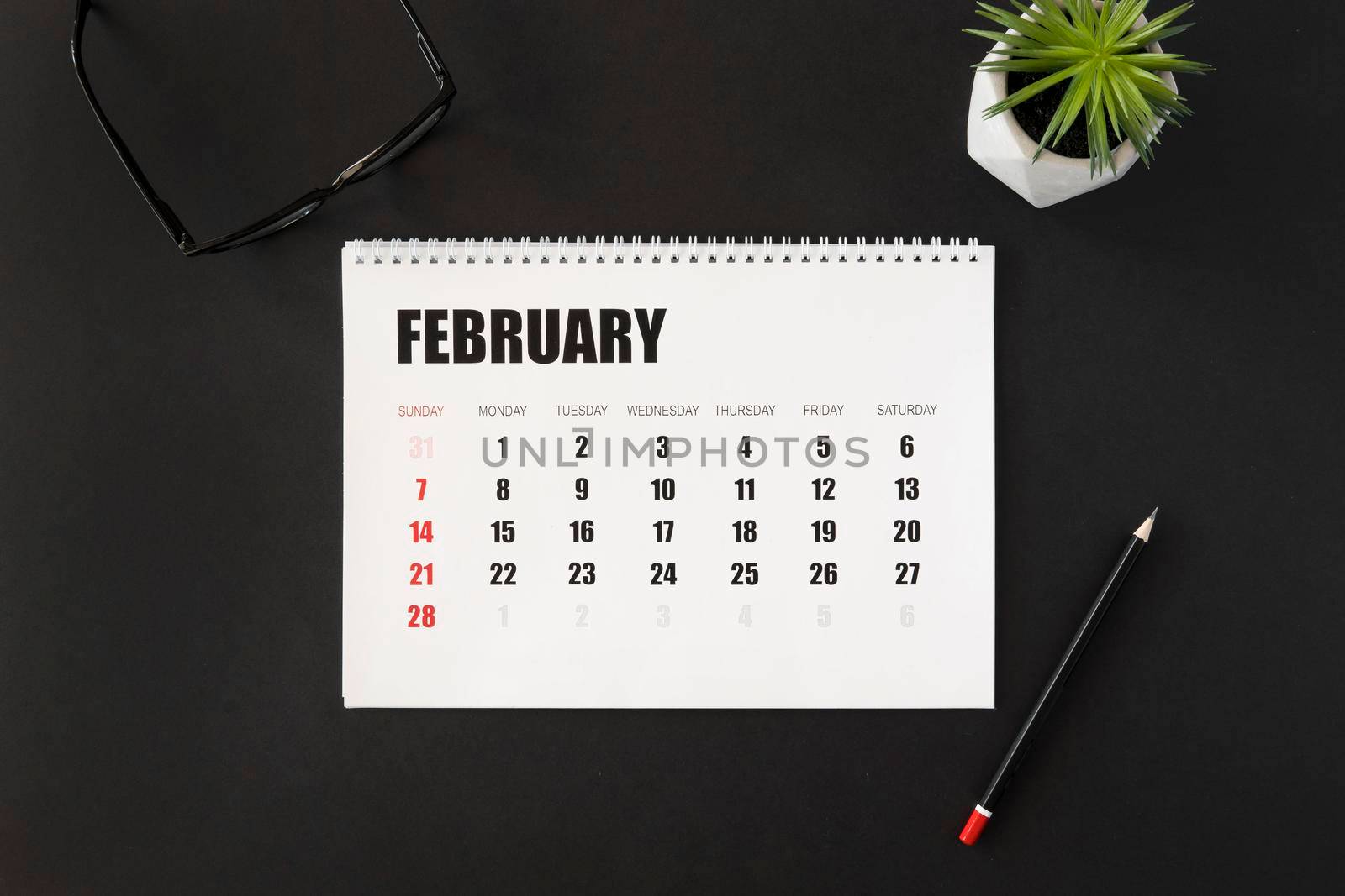 top view february month planner calendar. High resolution photo