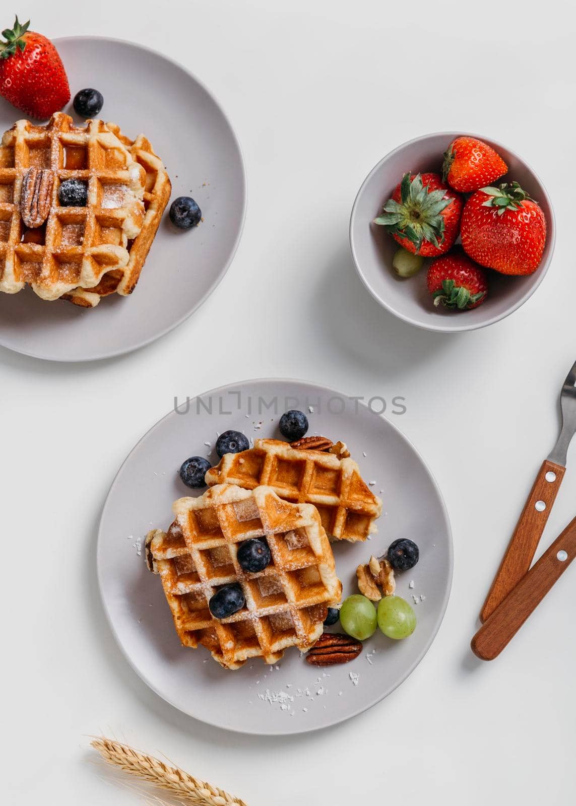 composition tasty breakfast waffles. High quality photo by Zahard